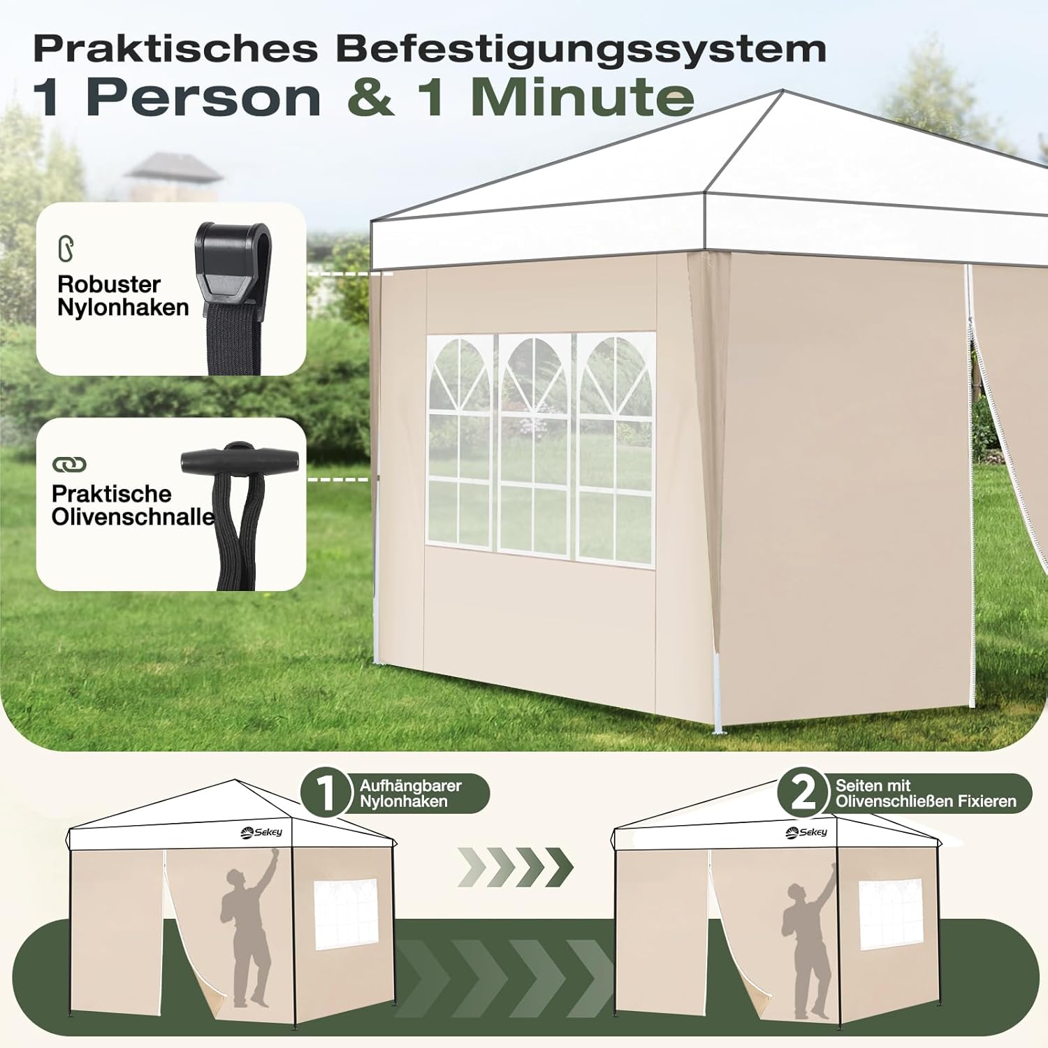 Detalle de Sekey 2-teiliges Seitenwand-Set für Pavillon 3x3 m (wasserdicht, winterfest) – mit 1 Fenster & 1 Tür