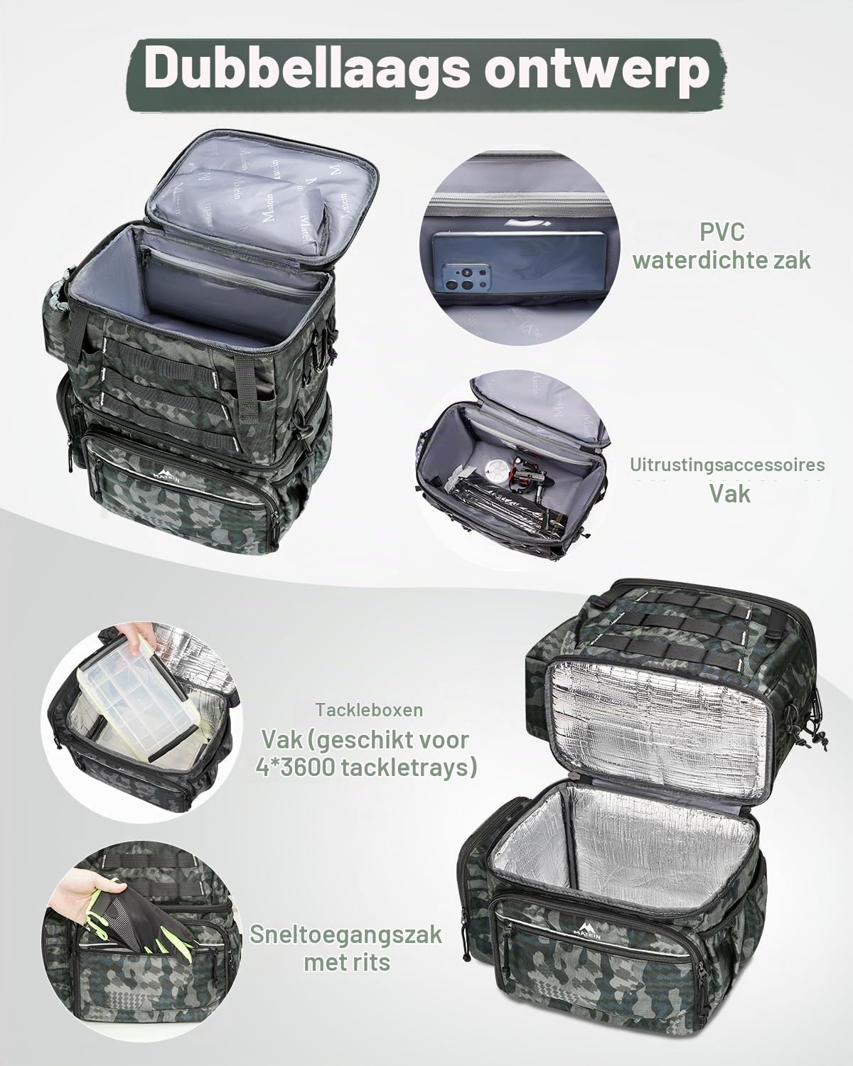 Detalle de MATEIN visrugzak 30 liter camouflage met geïsoleerd koelvak en hengelhouders