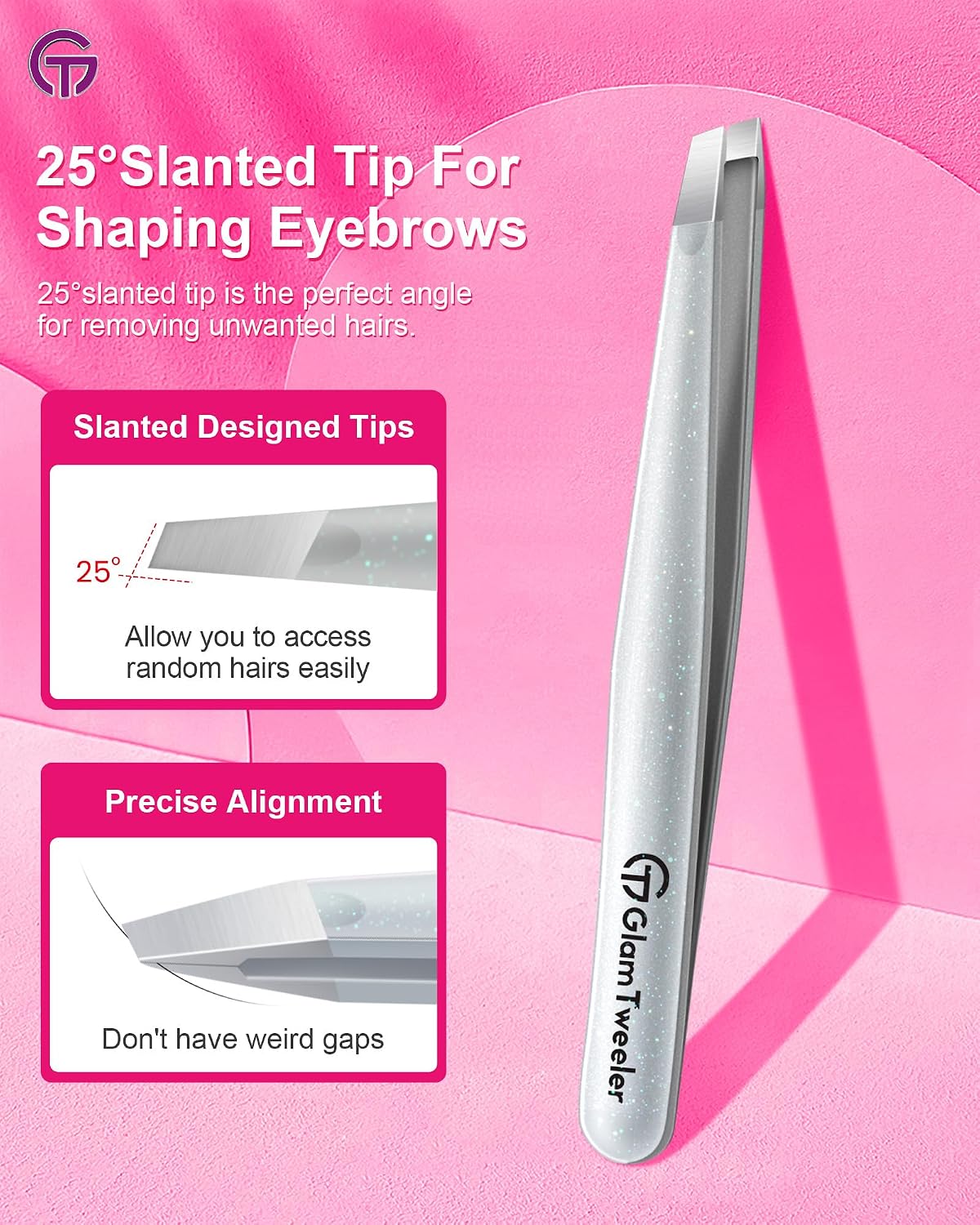 Detalle de Expert Slant Tip Tweezers with Leather Case by GlamTweeler — Sharp, Precise Stainless Steel Eyebrow & Facial Hair Removal (Sparkle Silver)