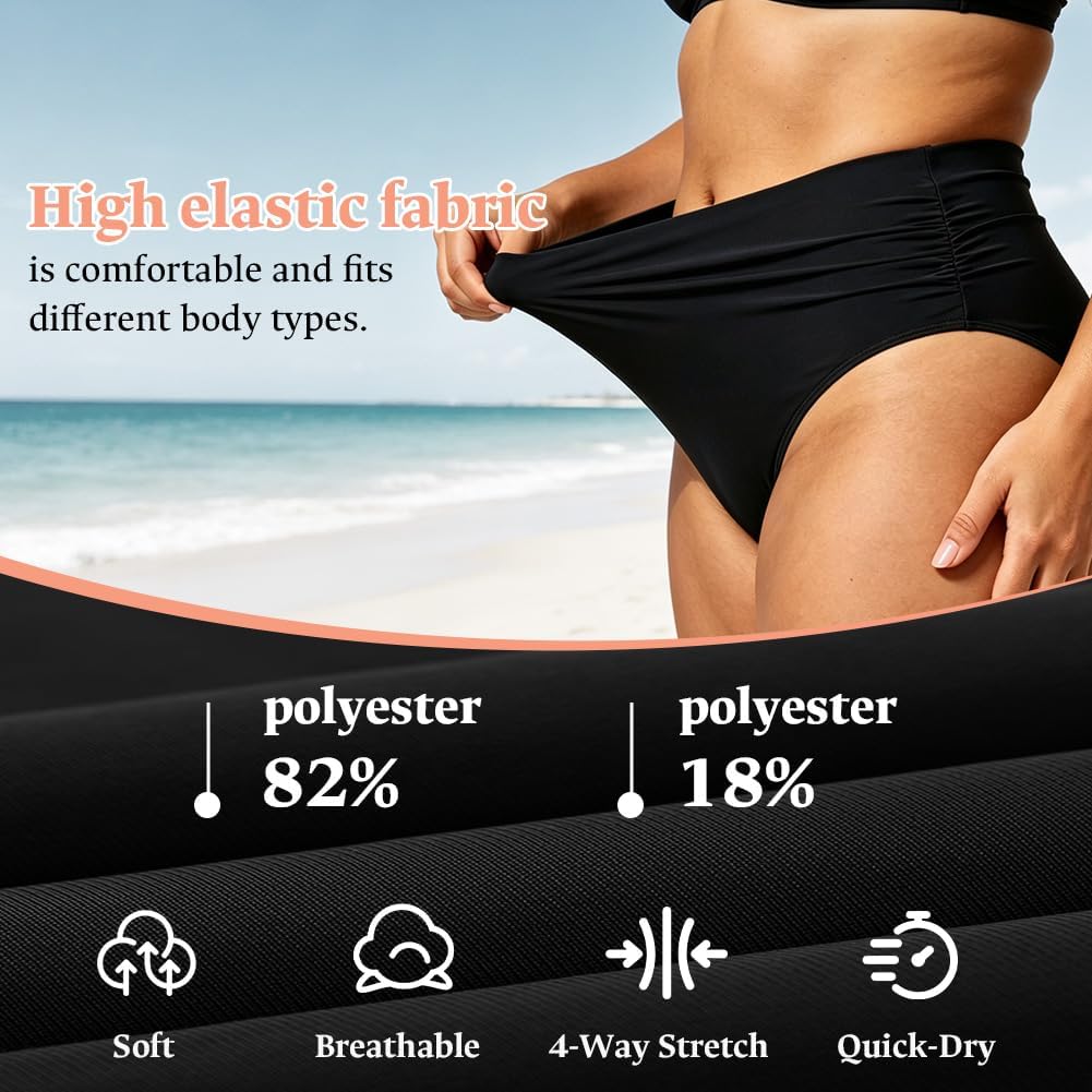 Detalle 1 de Vicloon Women's High-Waisted Swimming Shorts, Pleated Black, High-Stretch