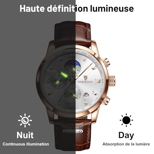 Detalle de LIGE Montre homme vintage chronographe, cuir, 3 ATM, cadran or et blanc