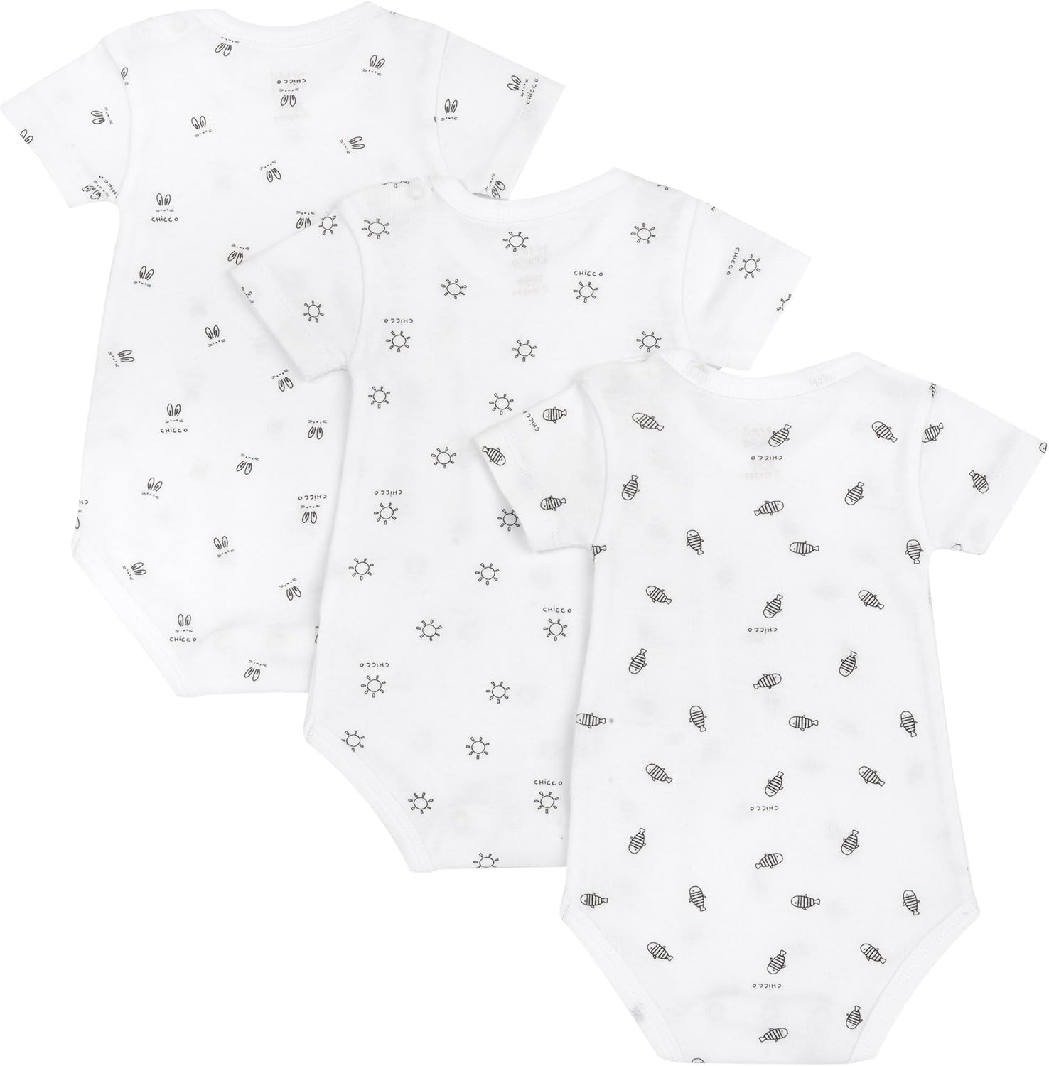 Detalle de Chicco Body Neonato e Neonata – Set di 3 body cotone con maniche corte, fantasia orsetti/sole/pesciolini