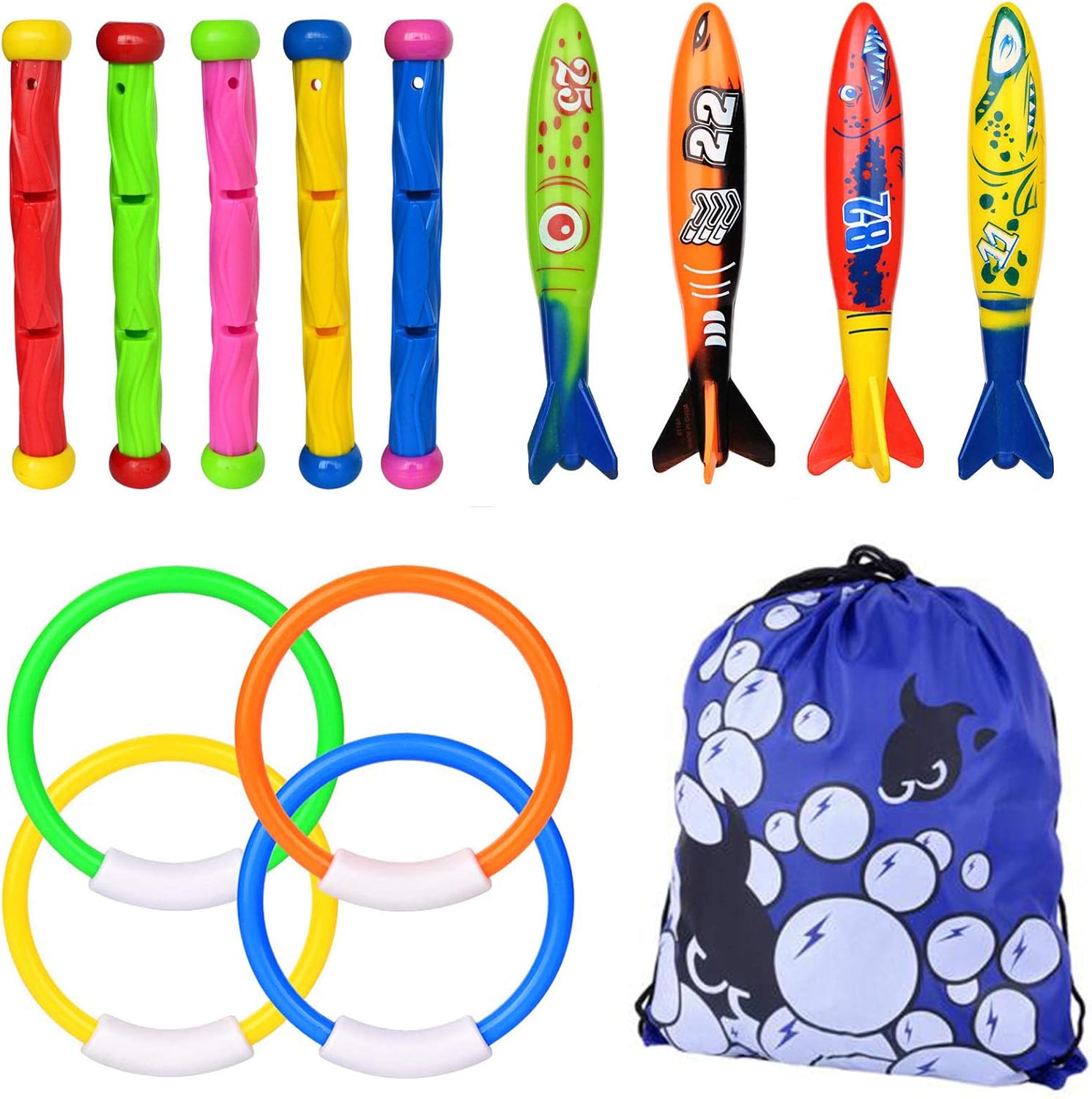 Xndryan Diving Pool Toys set for kids: sinkies, torpedo bandits, diving rings and sticks (backpack included)