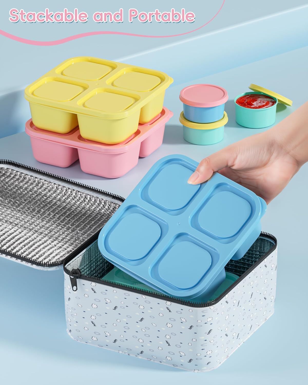 Detalle de Canfanni 4-Piece Reusable Snack Box Containers Set with 4 Compartments and 2 Sauce Containers (BPA-Free, Stackable)