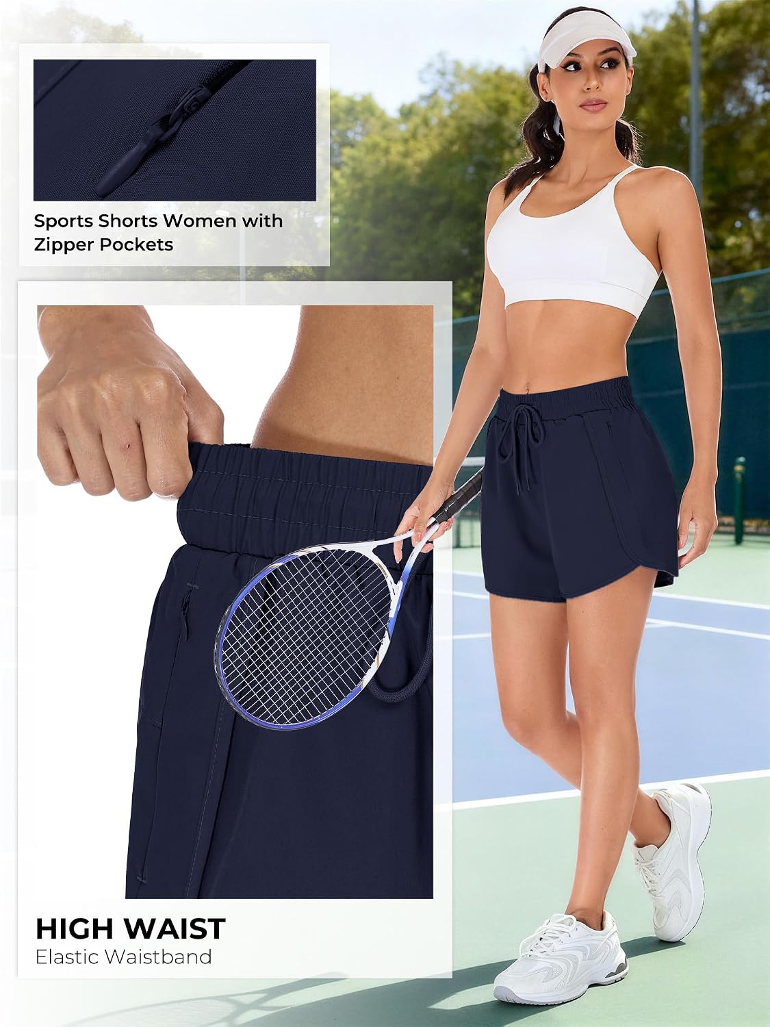 Detalle de StylSense Women's 2 in 1 High Waist Running Shorts with Zip Pockets
