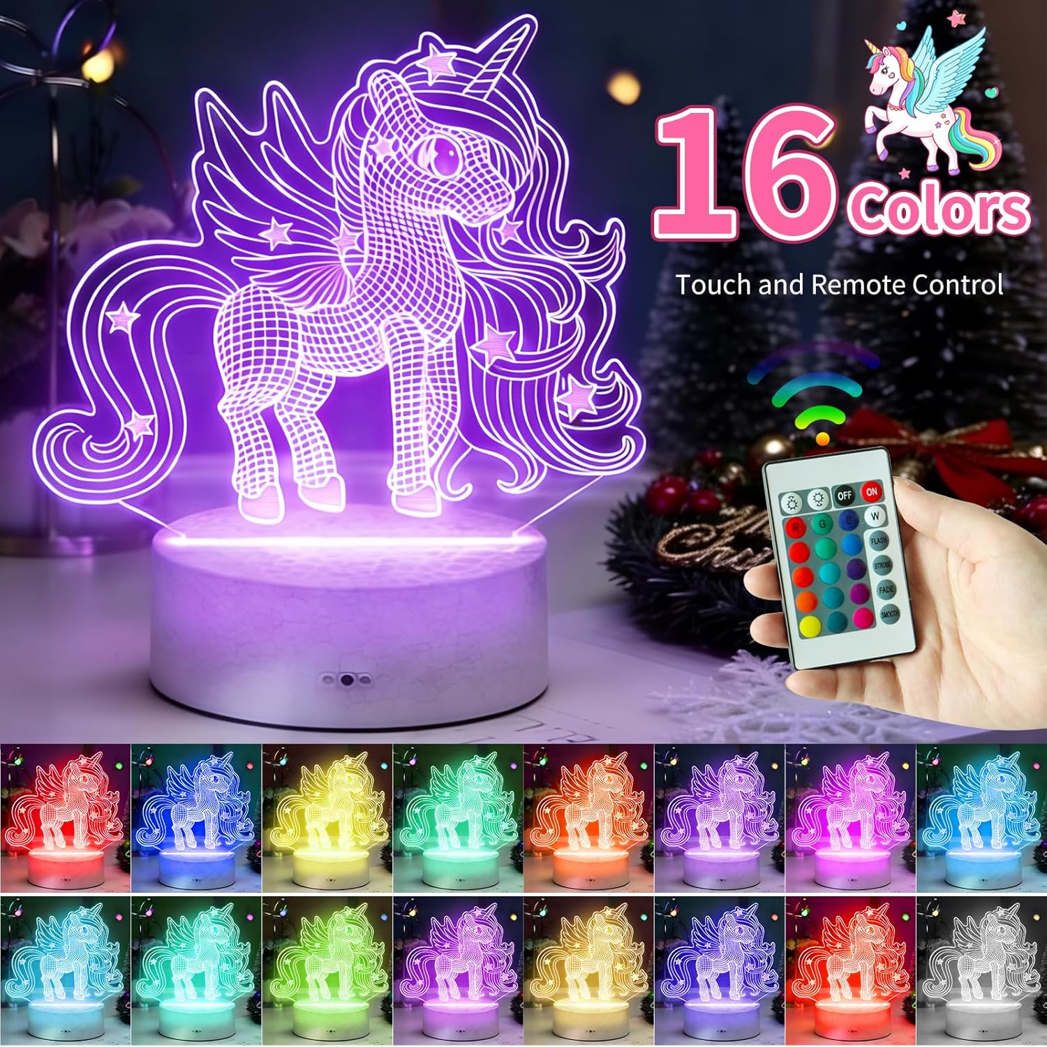 Detalle de UneedMe Regali unicorno lampada 3D 16 colori