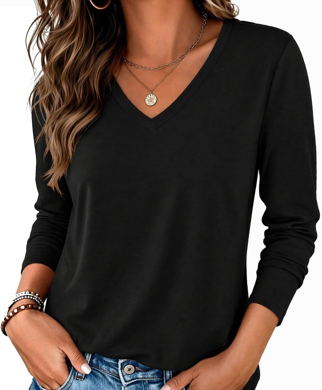 Detalle de Zeagoo Womens Long Sleeve V-Neck Basic Tee Tops: Dressy Casual Work Blouses for All Seasons