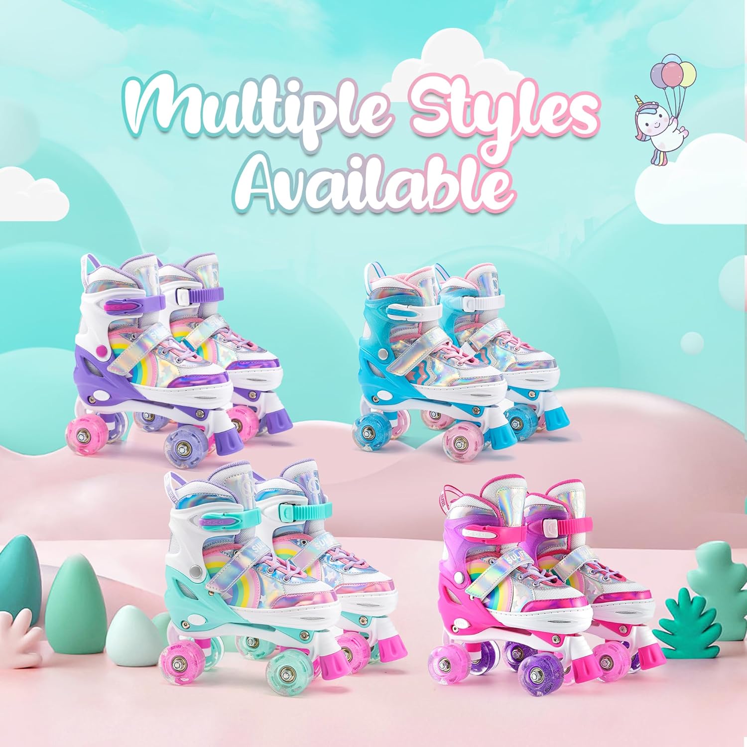 Thumbnail 5 de SULIFEEL Rainbow Unicorn Adjustable Roller Skates (4 Sizes) for Kids 3–12
