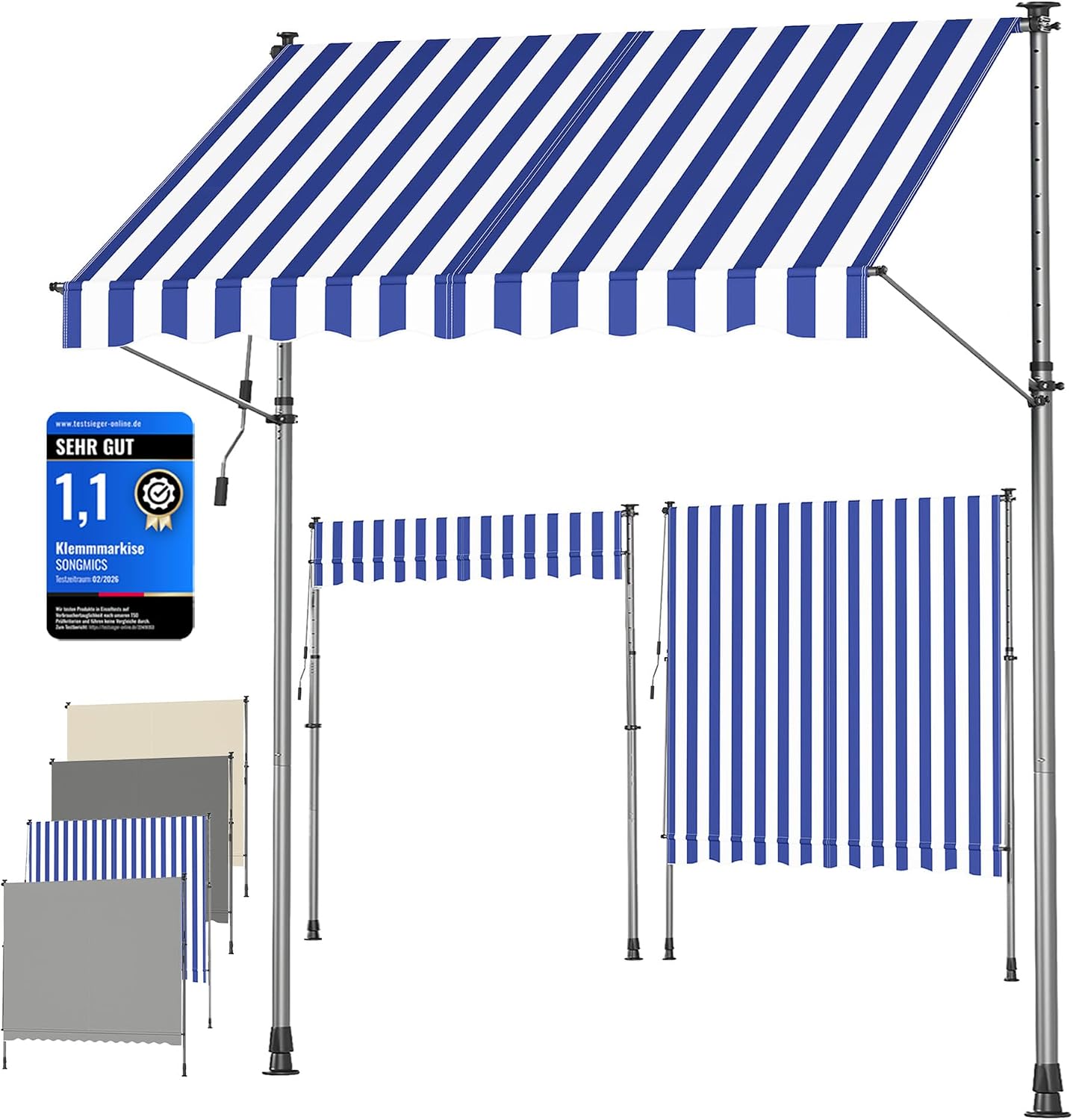 Detalle de SONGMICS Tenda da Sole Avvolgibile GSA252QZ01 – Tendalino Retrattile 250x120 cm Blu/Bianco
