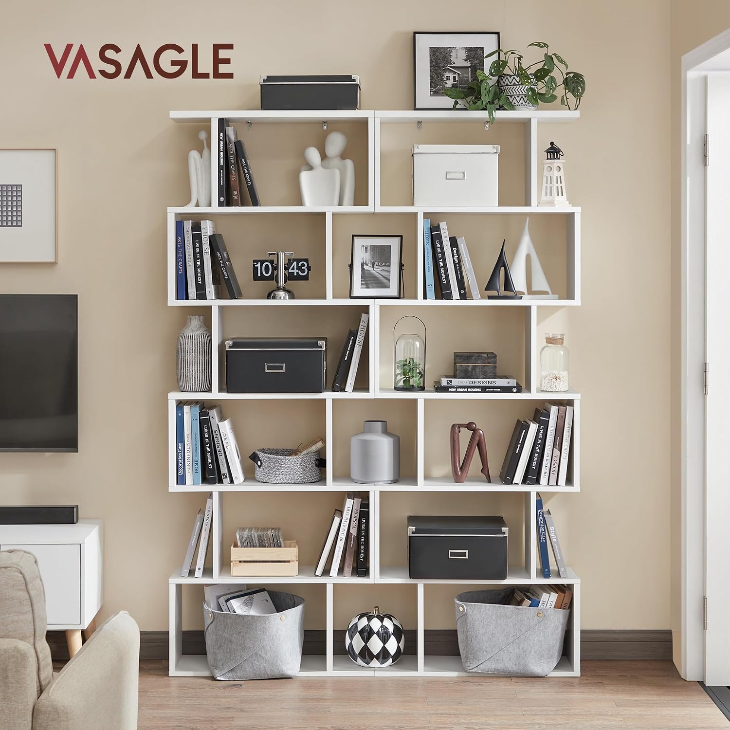 Detalle de VASAGLE LBC61WT bokhylla med 6 hyllplan, S-formad, vit, 24 × 70 × 190,5 cm