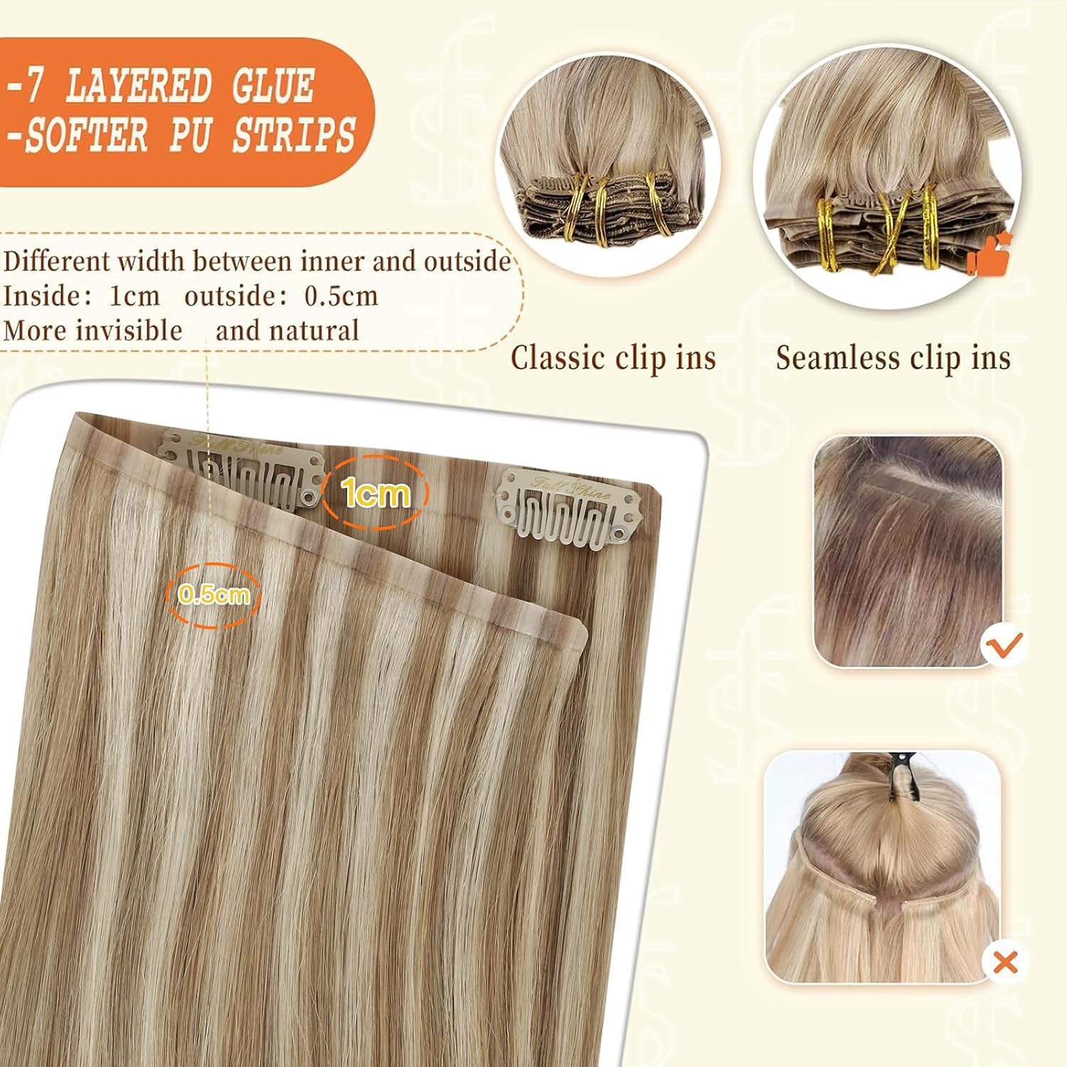 Detalle de Full Shine Blonde Clip-In Hair Extensions, 20 Inch, 150g, 8 Pcs