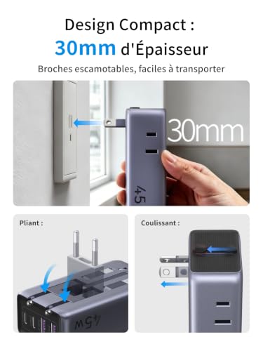Thumbnail 4 de UGREEN 6 en 1 Adaptateur Prise Universelle Voyage PD 45W – 2 Prises AC + 4 USB