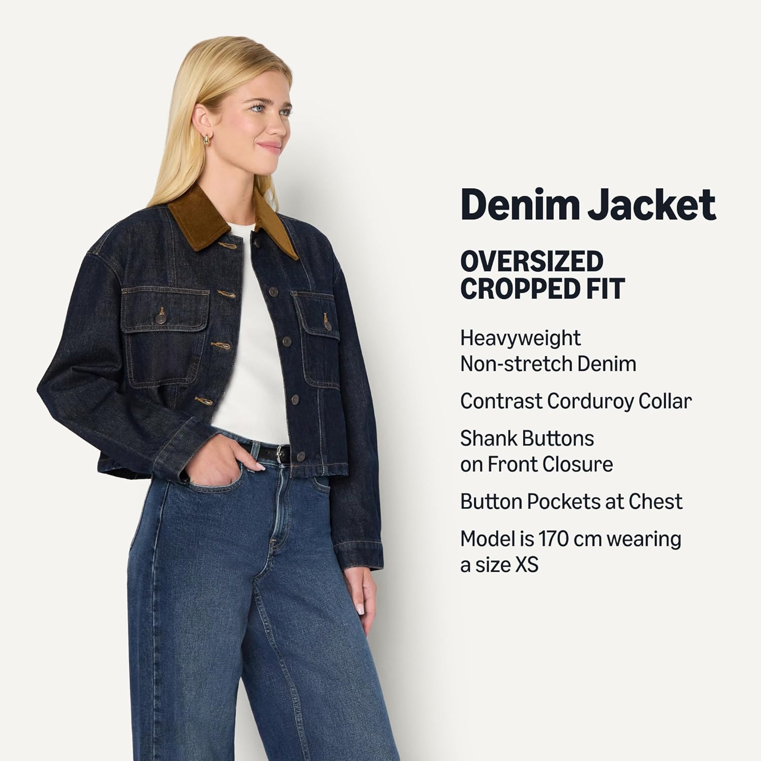Detalle de Amazon Essentials Women's Oversized-Fit Cropped Denim Jacket with Contrast Corduroy Collar