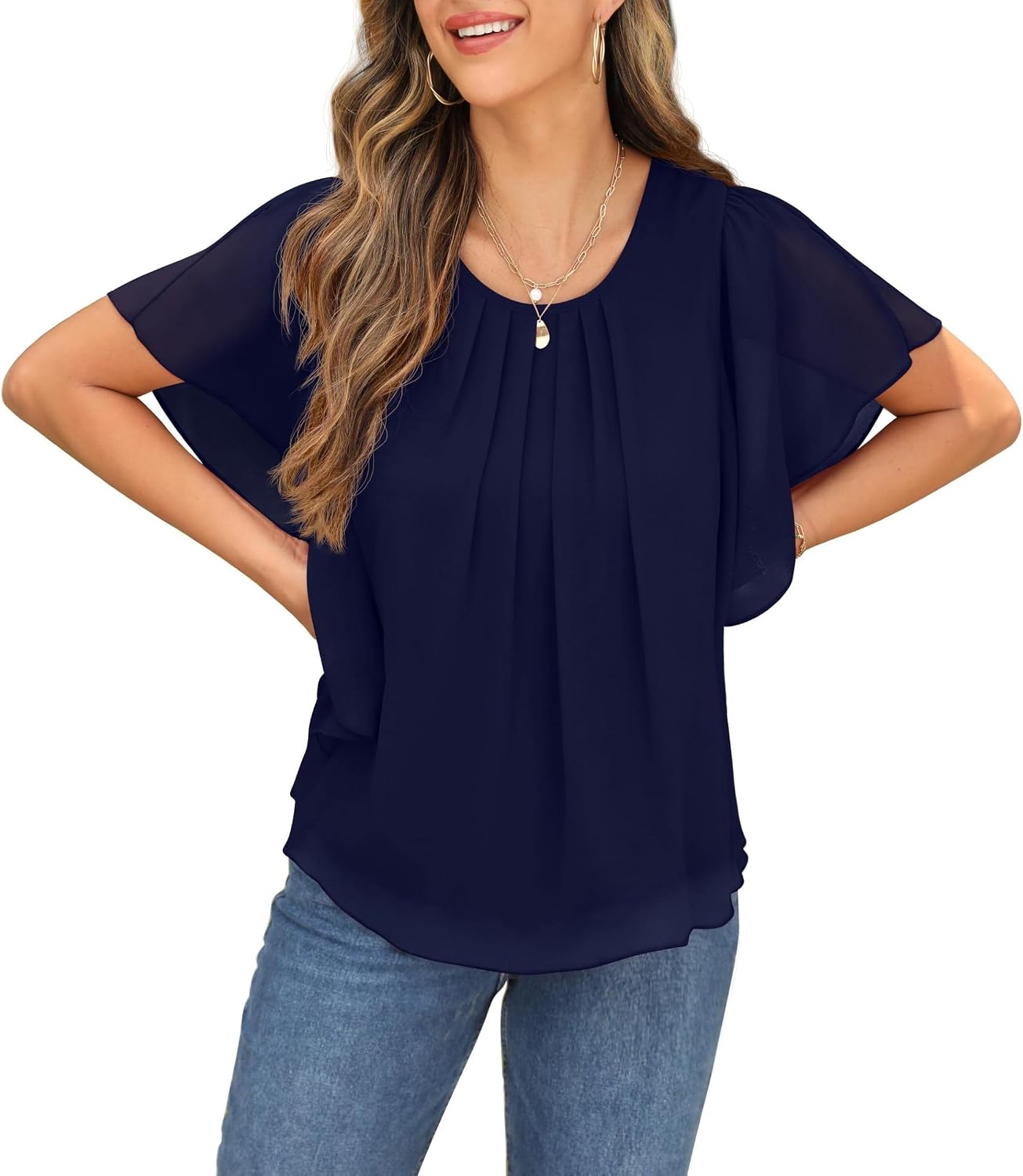 Detalle de QIXING Chiffon Kurzarmbluse Damen mit Batwing-Ärmeln – Sommertunika mit Rundhalsausschnitt