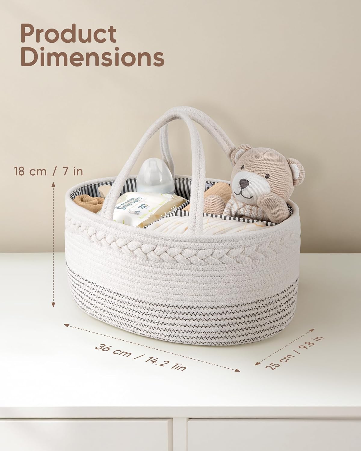 Detalle de Maliton Nappy Caddy, Cotton Rope with Removable Dividers – White & Wavy, 36×22×18 cm