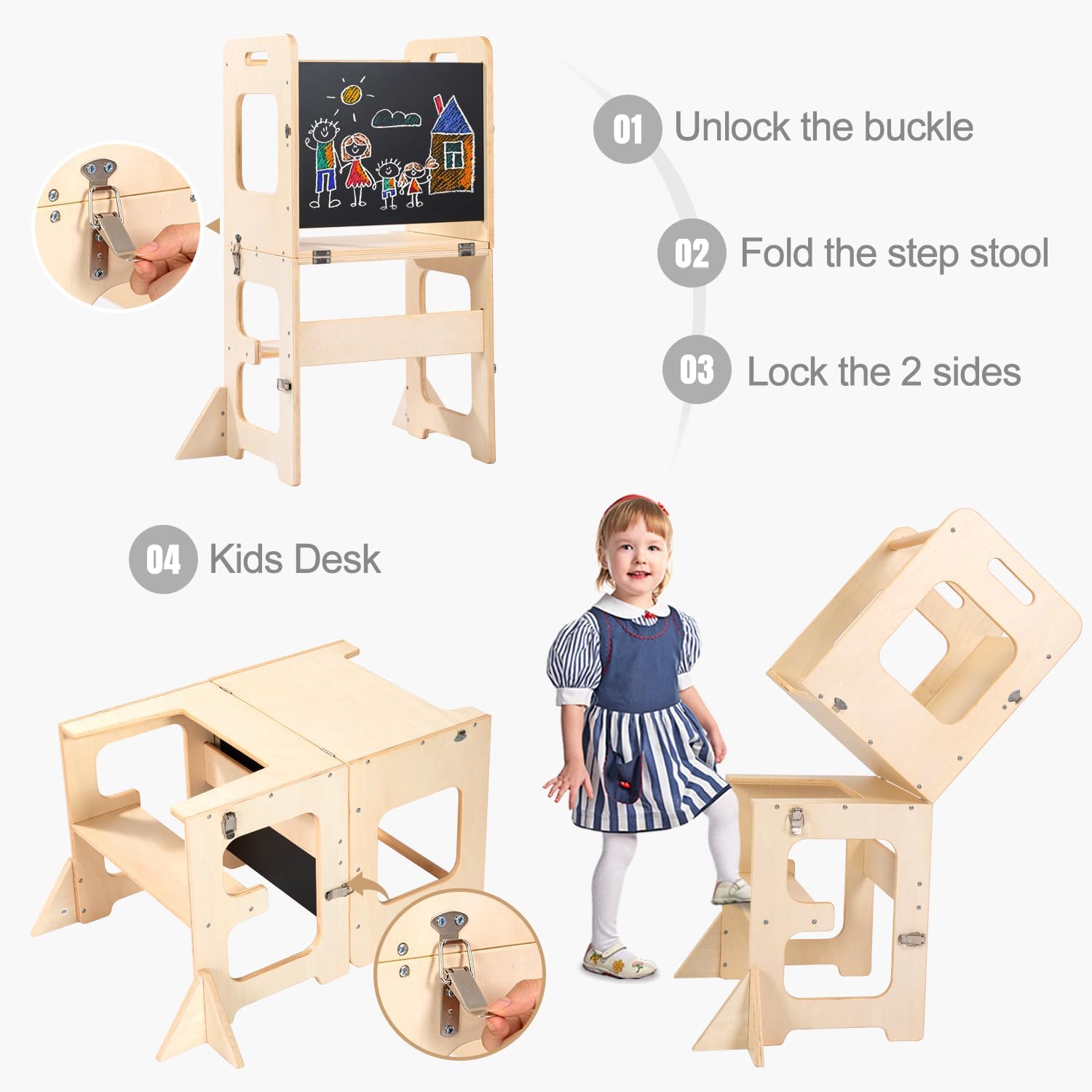 Detalle 2 de Toddler Standing Tower 2-in-1 Wooden Stool & Learning Table (Log Colour)