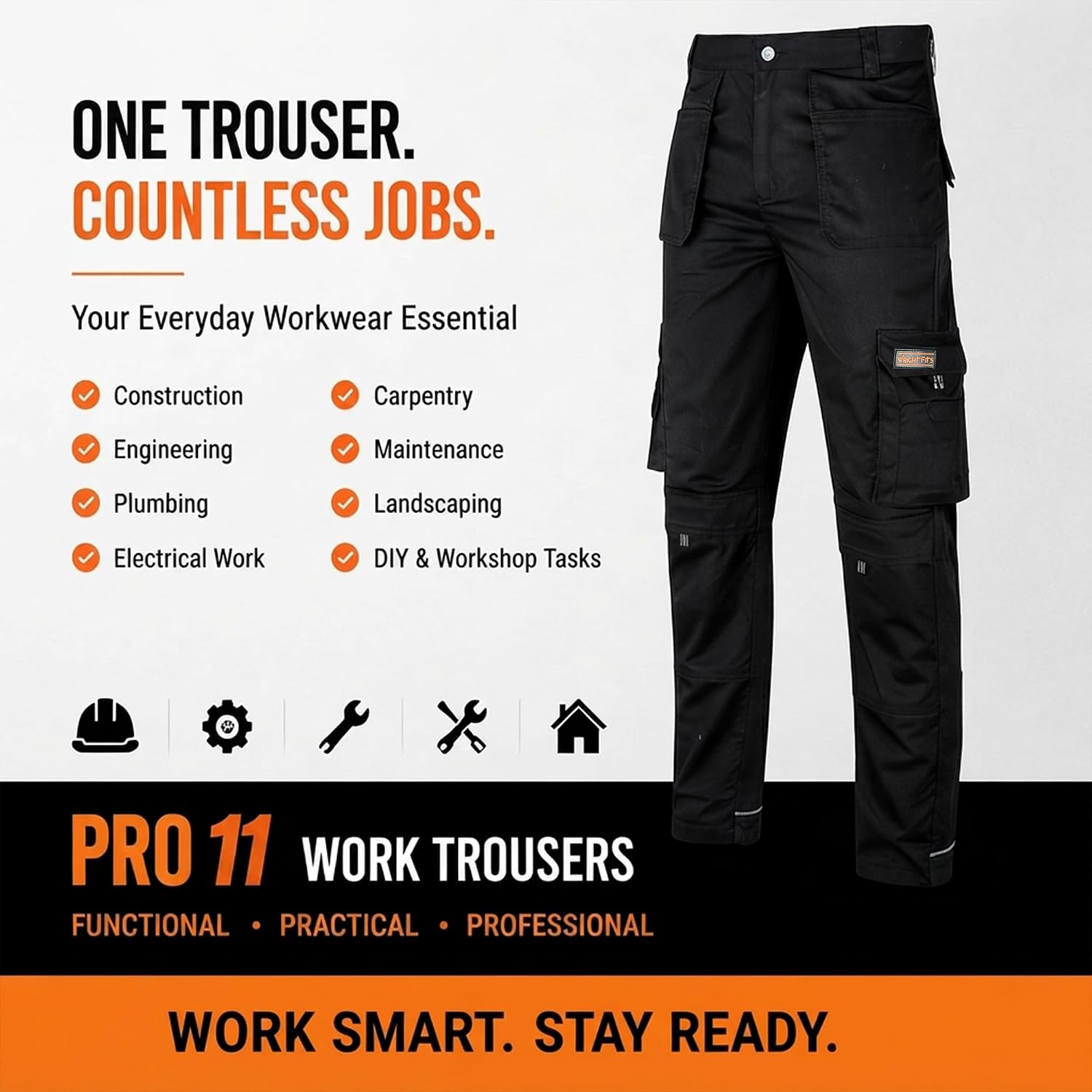 Thumbnail 5 de WrightFits Wright Wears Pro-11 Heavy Duty Work Cargo Trousers (32W/31L) in Black