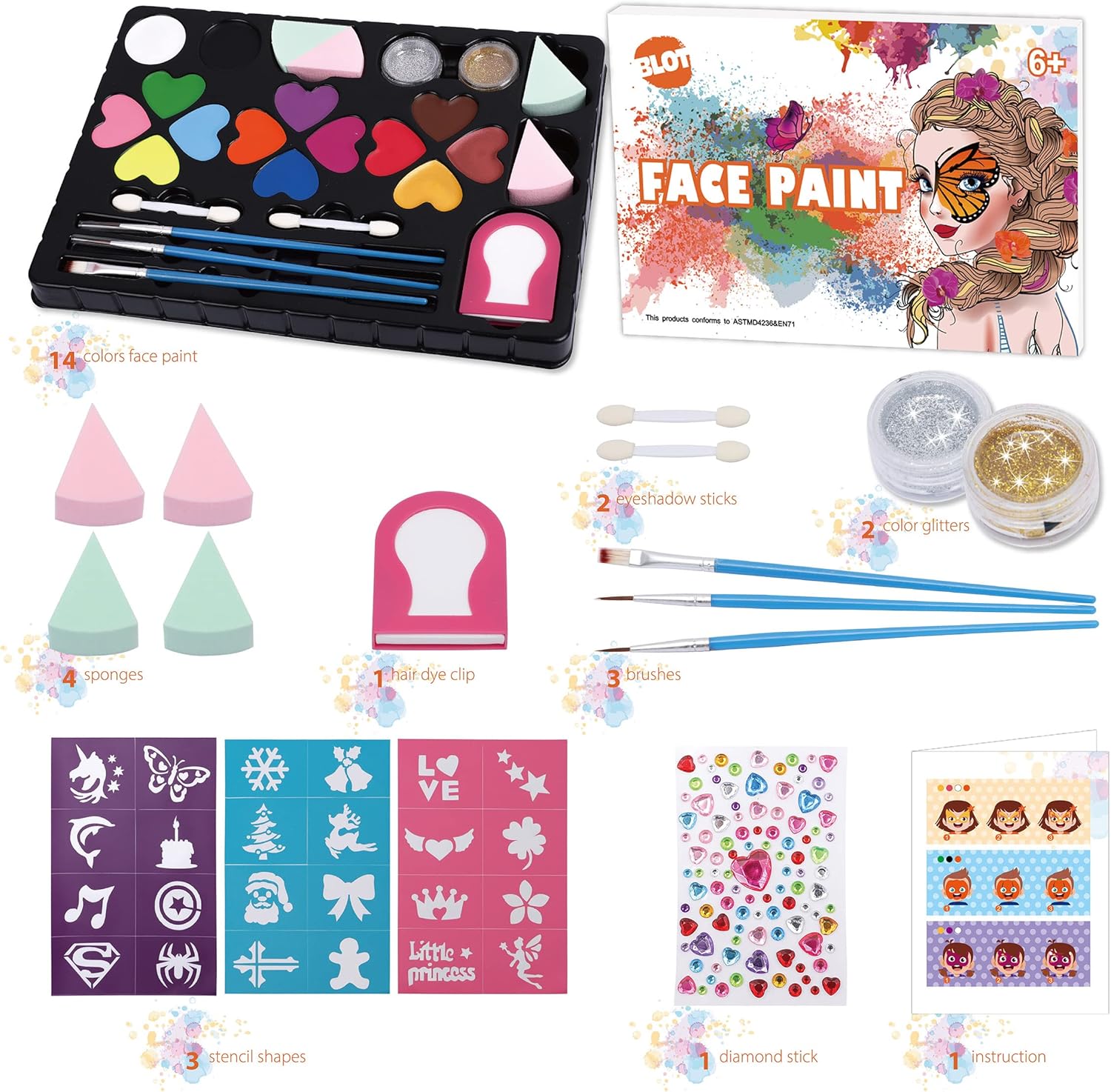 Detalle de Face Paint Kit for Kids: 14-Color Washable Palette, Non-Toxic