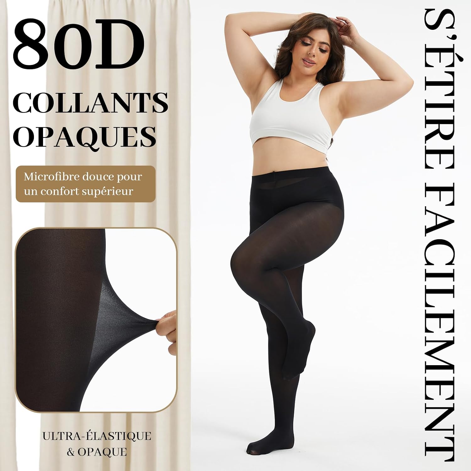 Detalle 2 de LOFIR Collant Femme 80 Deniers — Taille haute et grande taille XL à 6XL