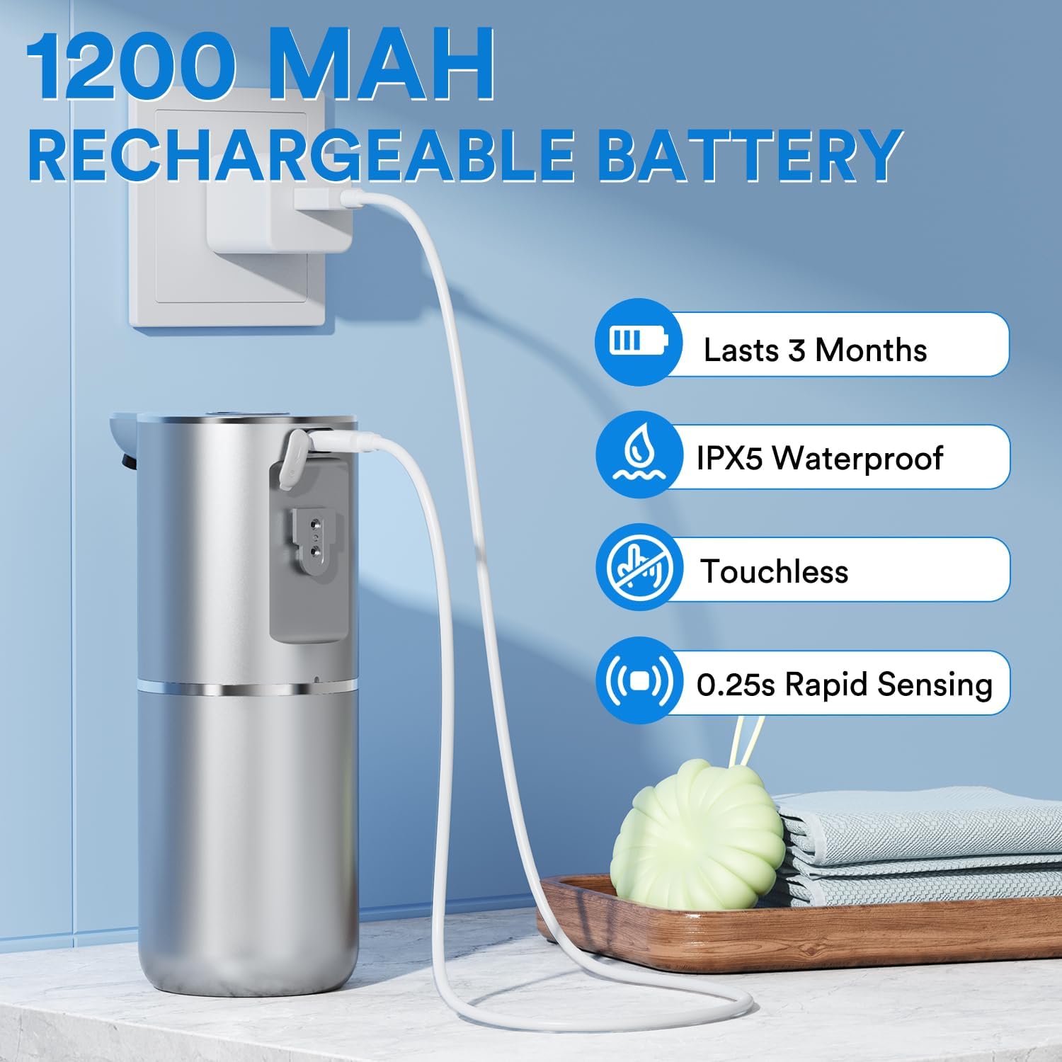 Detalle de Fachixy Seifenspender Automatisch mit digitaler Anzeige – 380 ml, wandmontierbar, berührungslos, IPX5, USB-Aufladung
