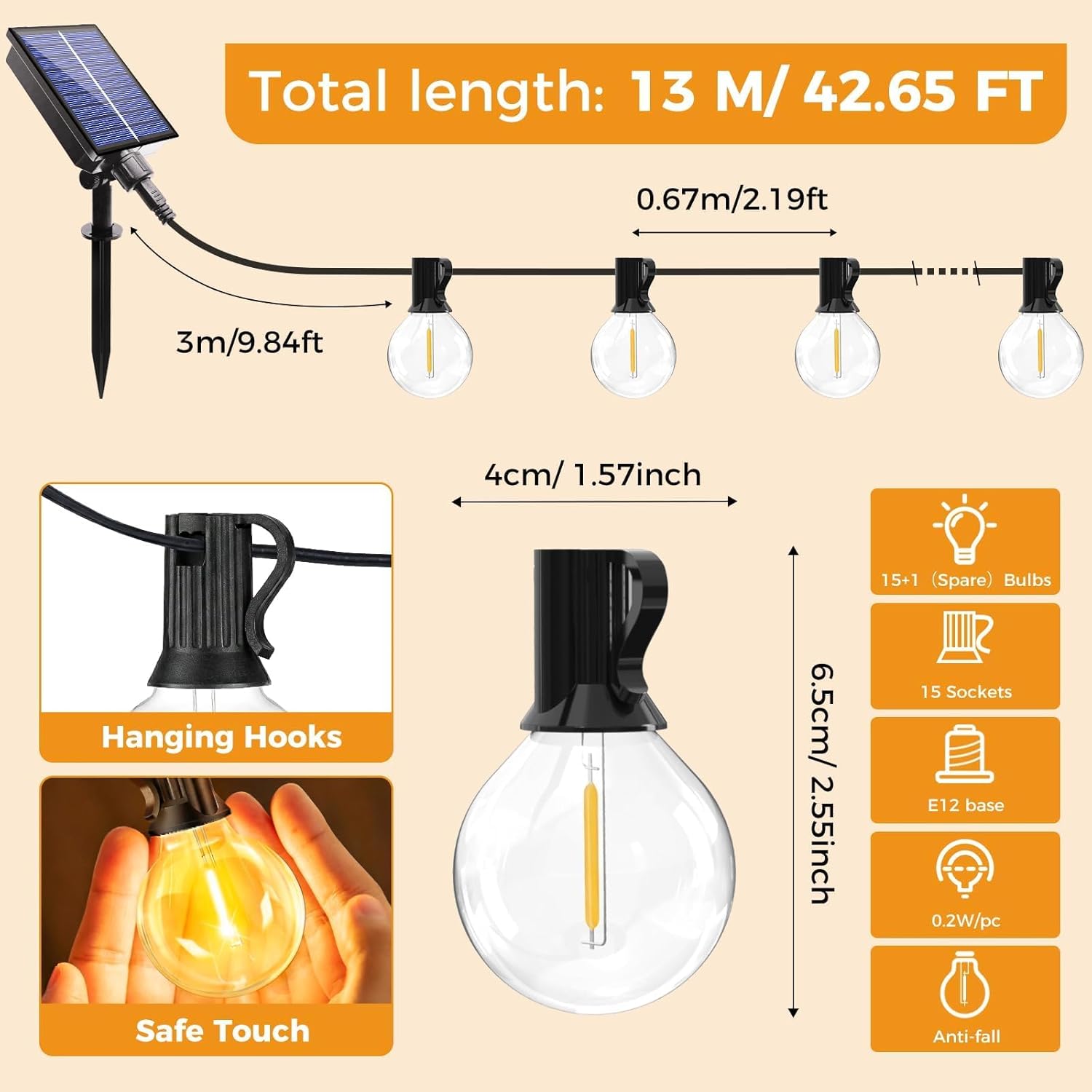 Thumbnail 5 de litogo Solar Festoon Light Outdoor with Remote – 13M/43FT, 8 Modes, USB & Solar Dual Charging
