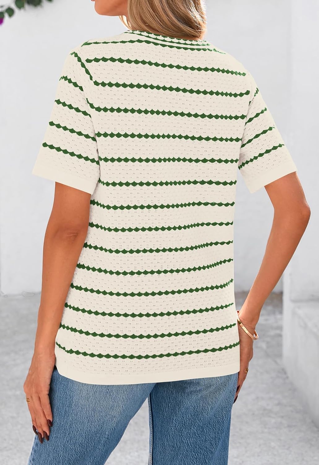Detalle de NALANISA Women’s Short Sleeve Crochet Knit Sweater Top (V-Neck, Striped, Button-Down)