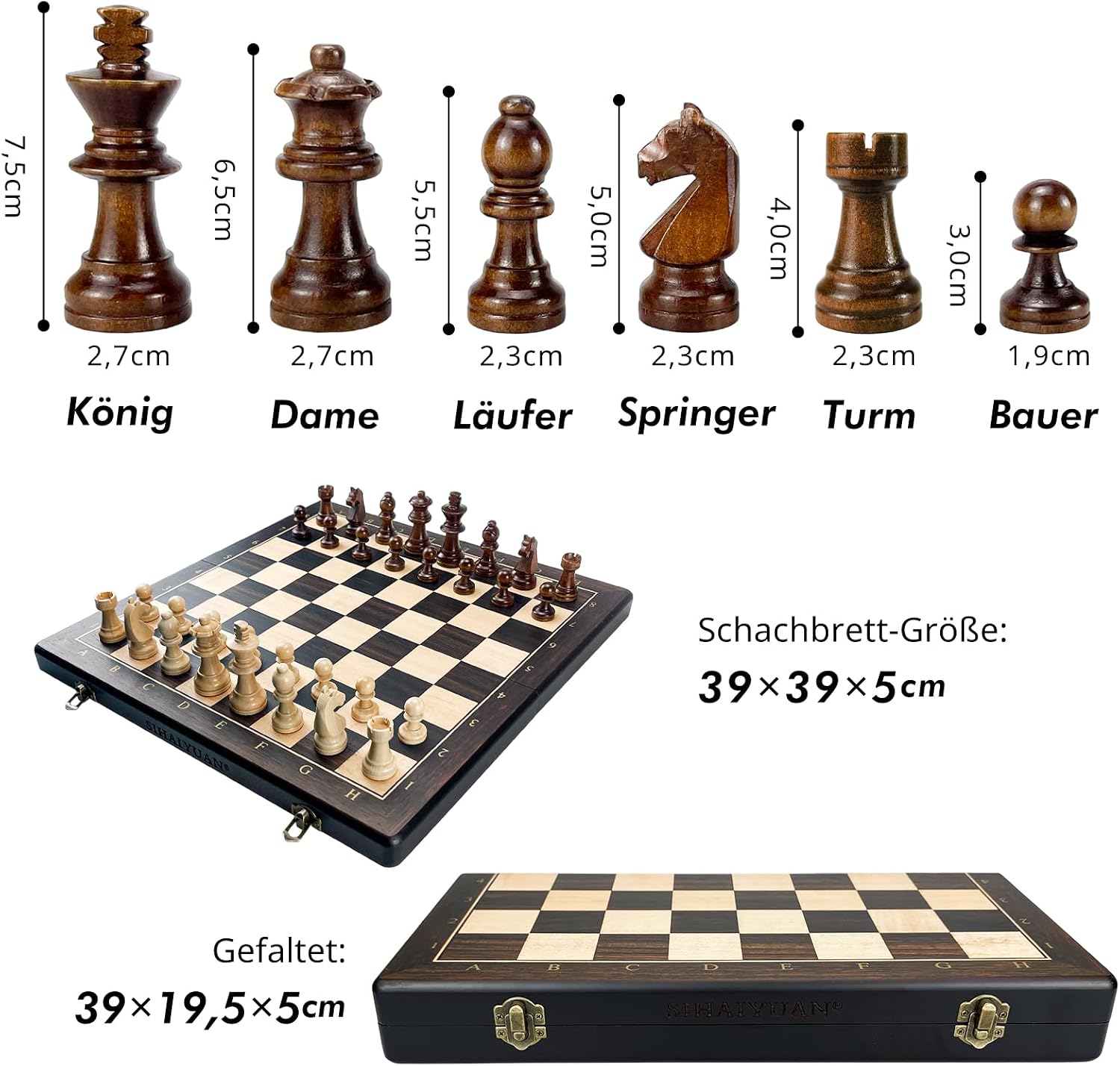 Detalle 2 de Sihaiyuan Schachspiel Holz Magnetisch – Faltbares 39 cm Brett mit 34 Staunton Figuren inkl. Extra Damen