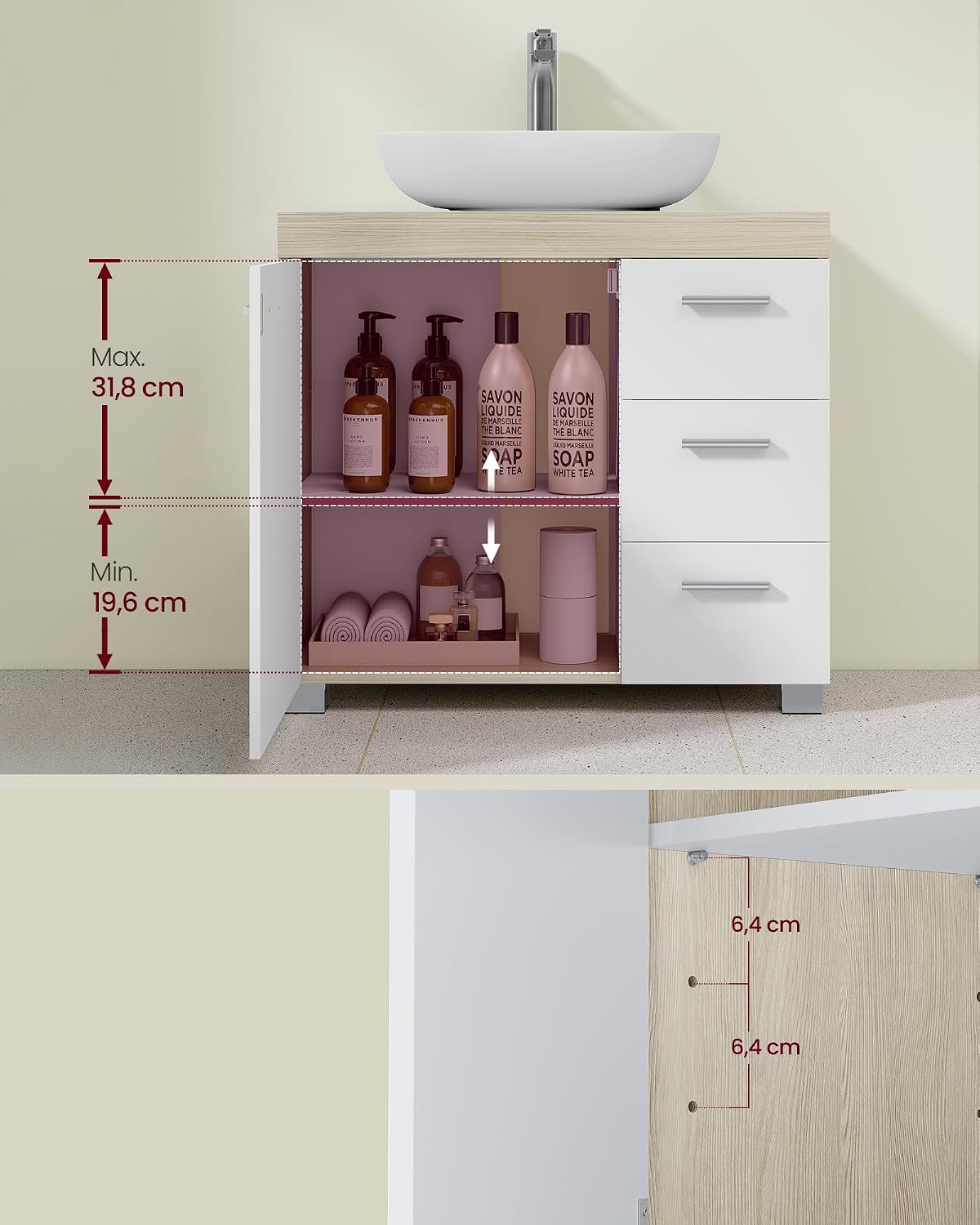 Detalle 2 de VASAGLE CUSTOS BBK503K01 Under-Sink Cabinet, 3 Drawers and Adjustable Shelf