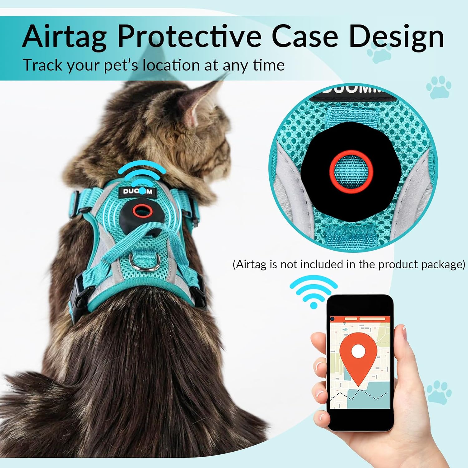 Detalle de Cat Harness and Leash Set with AirTag Holder (Teal) — Escape-Proof, Small Cat Vest for Outdoor Walks