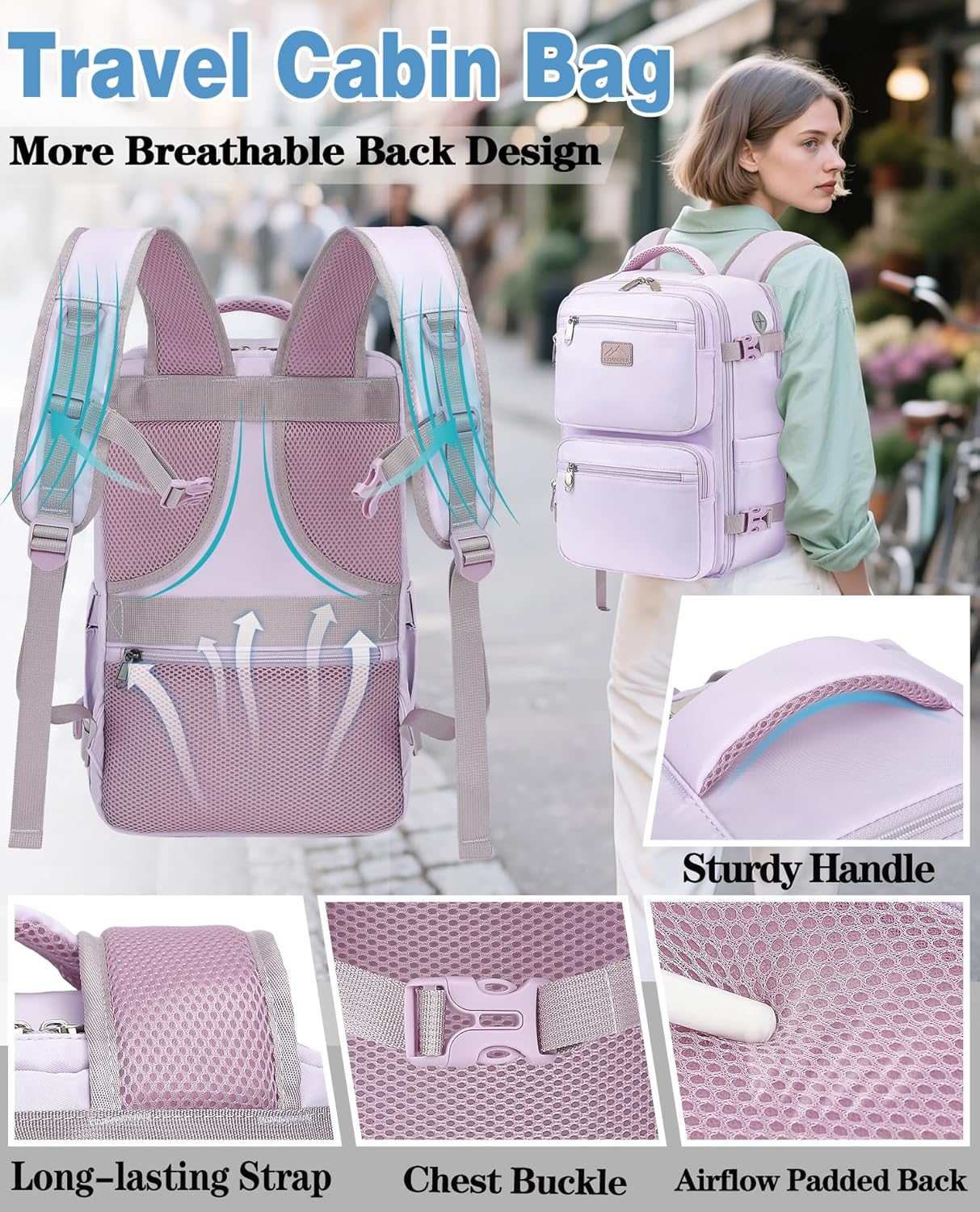 Thumbnail 4 de LYNXCHER Ryanair Cabin Bags 40x20x25 Travel Backpack (20L) - Light Purple, S