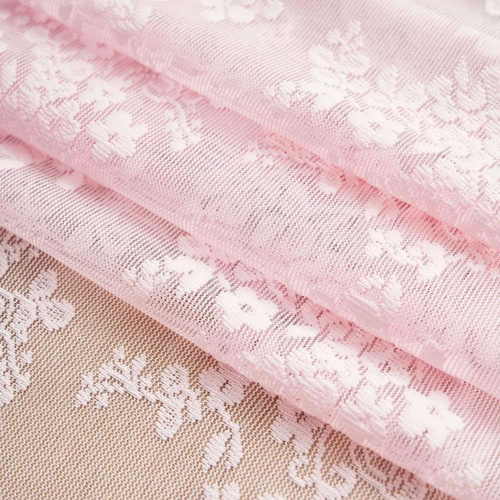 Detalle de YJ YANJUN Vintage Lace Curtains, Light Pink Floral Sheer, 52 x 80 Inches