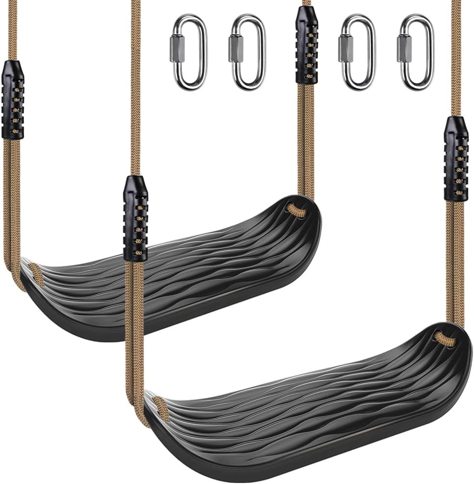 Detalle de SELEWARE Kunststoff-Schaukelsitz-Set (2er-Pack) mit verstellbarem Seil & 4 Karabinern – rutschfest, schwarz