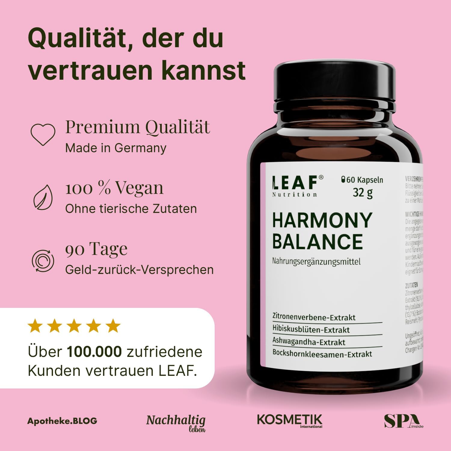 Detalle 2 de LEAF HARMONY BALANCE Balance-Kapseln für Frauen mit Vitamin B6, Ashwagandha, Pinienrinde & Ginkgo – 60 vegane Kapseln