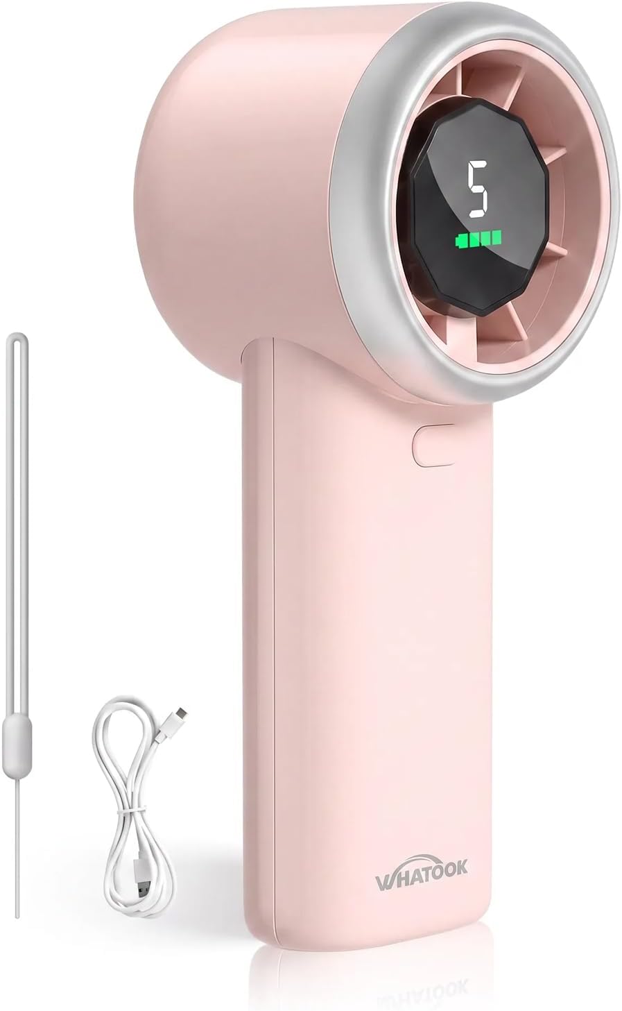 Detalle de WHATOOK N603 handventilator met 5 snelheden, USB-C en display, roze