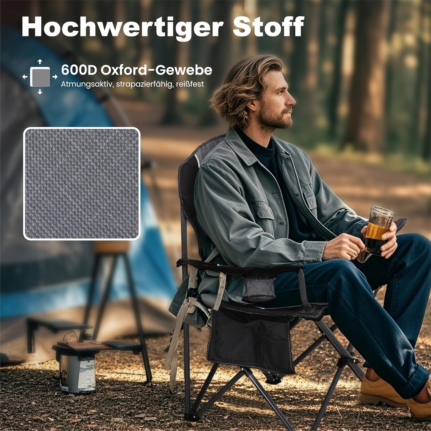 Thumbnail 3 de LET'S CAMP Campingstuhl Klappstuhl Faltbar Angelstuhl XL mit Getränkehaltern und Tragetasche – 160 kg Tragkraft