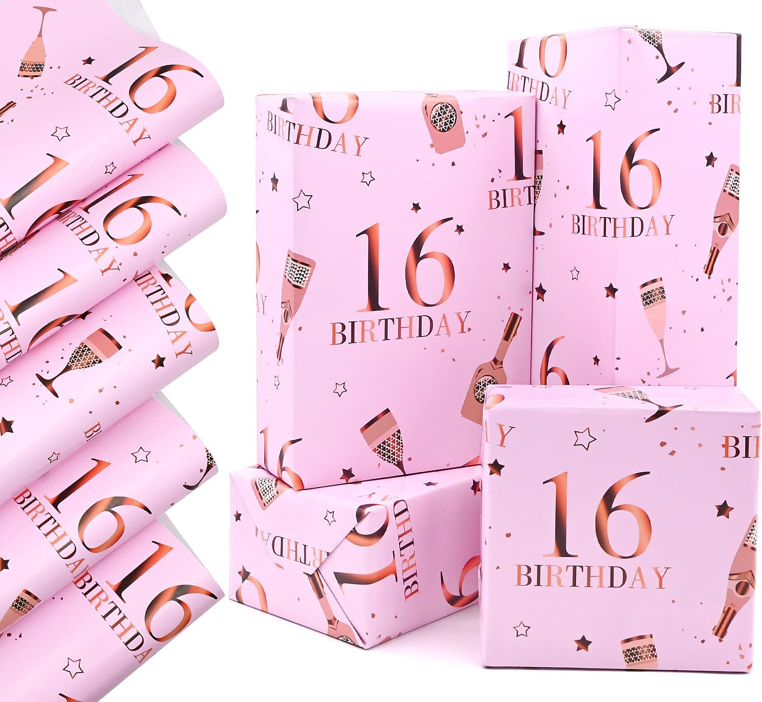 QRTDXP Pink Gift Wrapping Paper Sheets for 16th Birthday (5 x 50 × 70 cm) – Rose Gold Design
