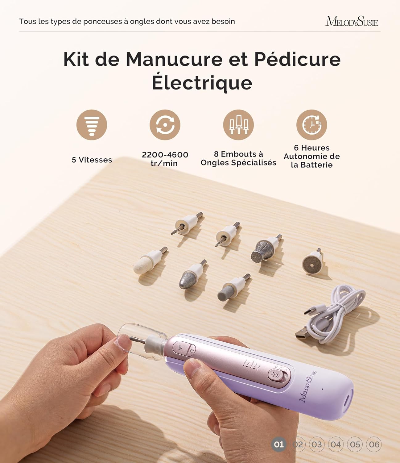 Thumbnail 1 de MelodySusie ponceuse pour ongles PC760G – kit manucure/pédicure sans fil avec 8 embouts et LED 360°, 5 vitesses