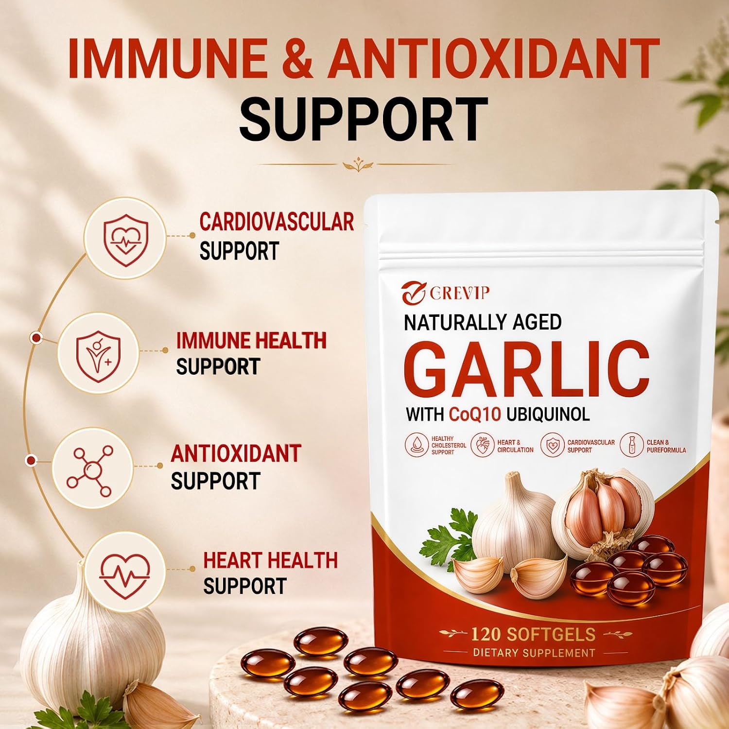 Detalle 2 de GREVIP Aged Garlic Extract Softgels, 120 Count with CoQ10 and Vitamin K2