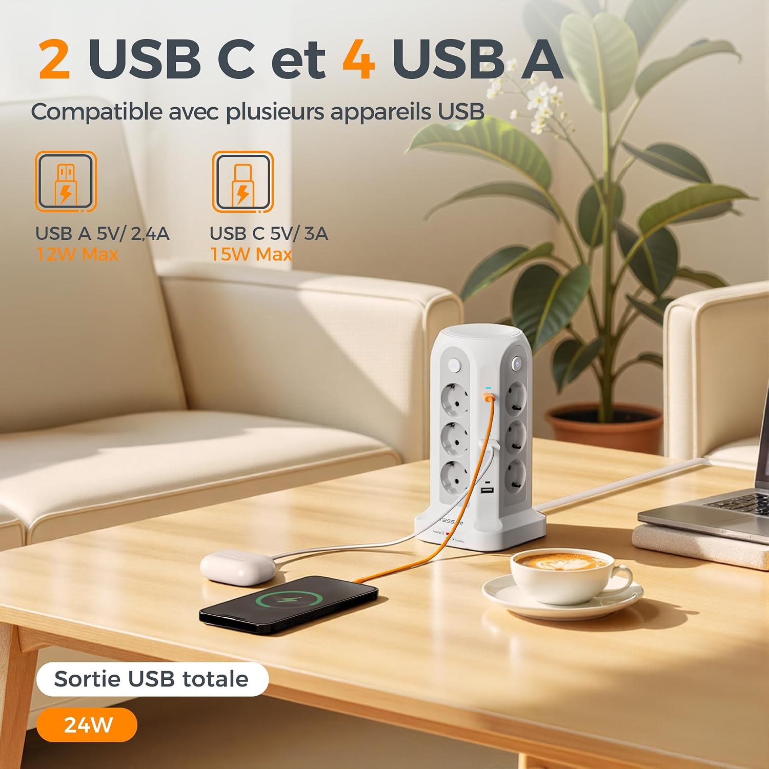 Thumbnail 2 de TESSAN Tour Multiprise avec Interrupteur: 6 USB (4A2C) + 12 prises, rallonge 5m, parafoudre — bureau et maison
