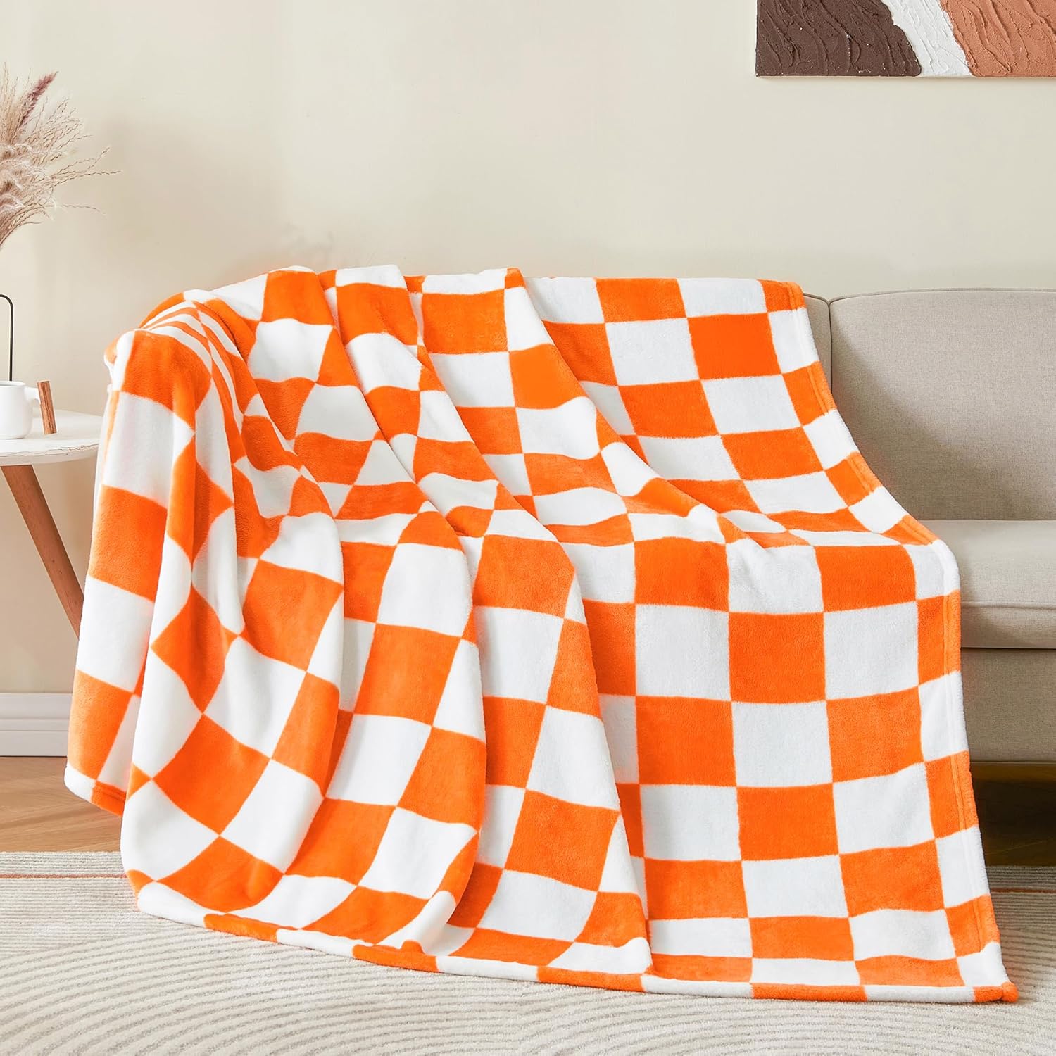 Detalle de BEDELITE Individual Checkered Throw Blanket for Sofa Bed, Cozy Fleece-Flannel Style, Orange Tennessee Checkered, 60 x