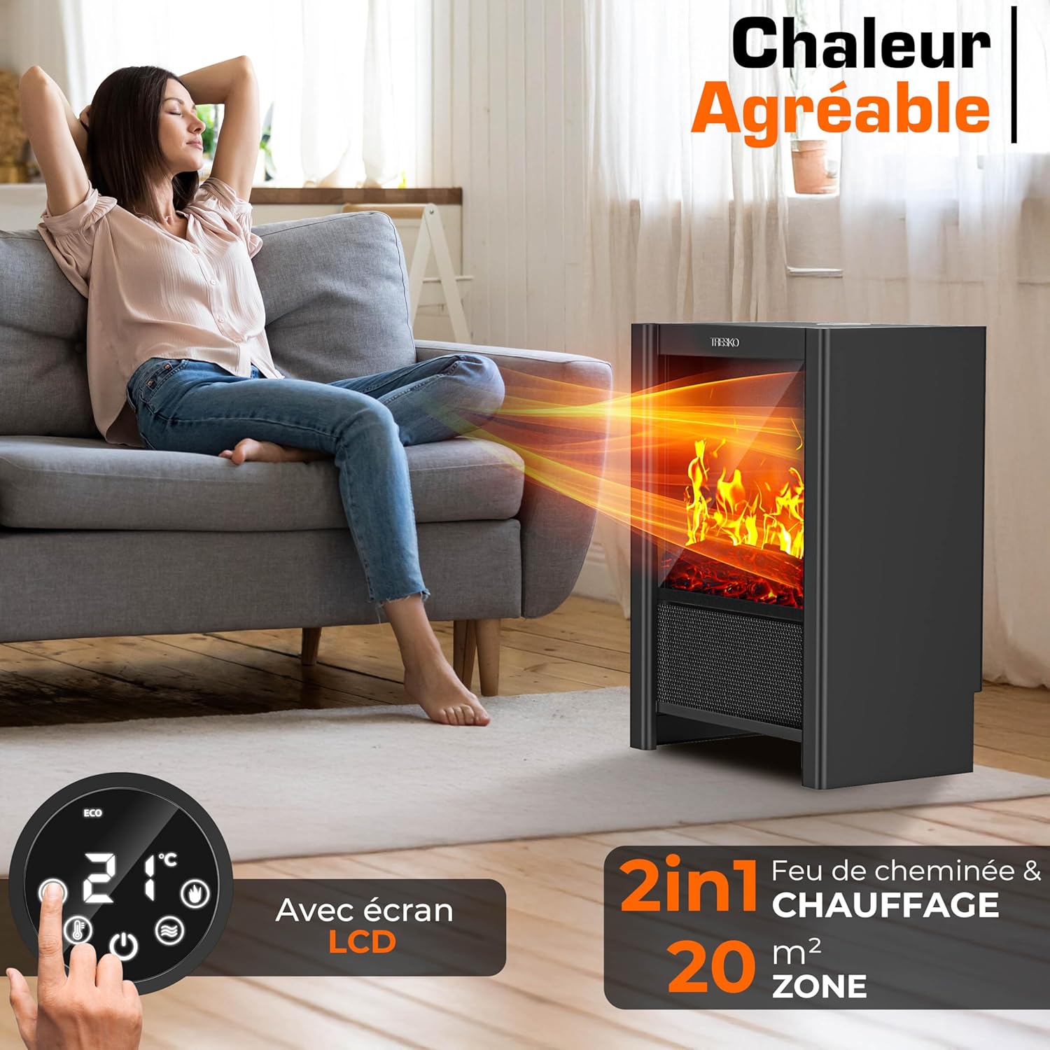 Thumbnail 2 de TRESKO Cheminée électrique 2000W – Chauffage LED 4 niveaux, WiFi App SmartLife et télécommande