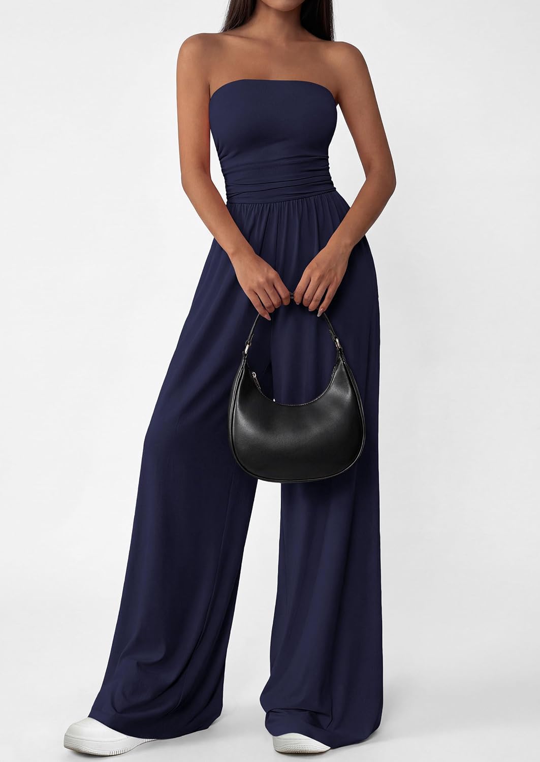 Detalle de PRETTYGARDEN Womens Trendy Strapless Rompers: Ruched Tube Top Wide Leg Jumpsuit