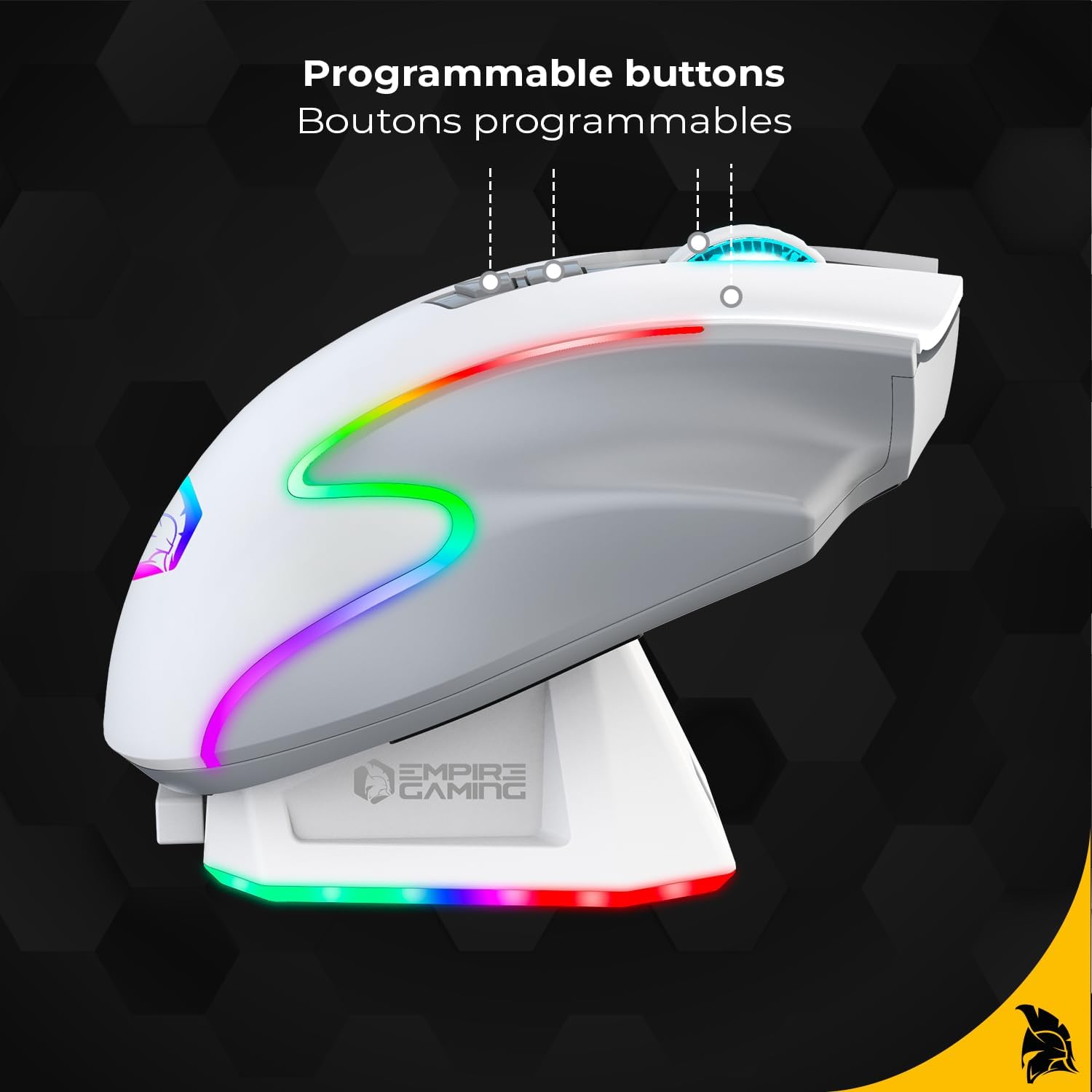 Detalle de EMPIRE GAMING RF908 — souris gamer sans fil rechargeable RGB (WiFi 2,4 GHz / Bluetooth / USB-C)