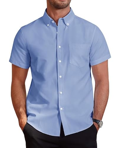 Imagen de J.VER Mens Blue Short Sleeve Oxford Shirt – Regular Fit, Non-Iron, Button Down en OfertitasTOP
