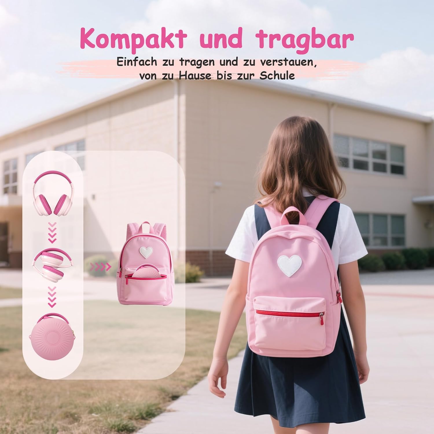Detalle de TONOSHARK Bluetooth Kinderkopfhörer Over-Ear (Noise Cancelling), Rosa – kabellos mit Mikrofon & 60h Spielzeit inkl. Tragetasche