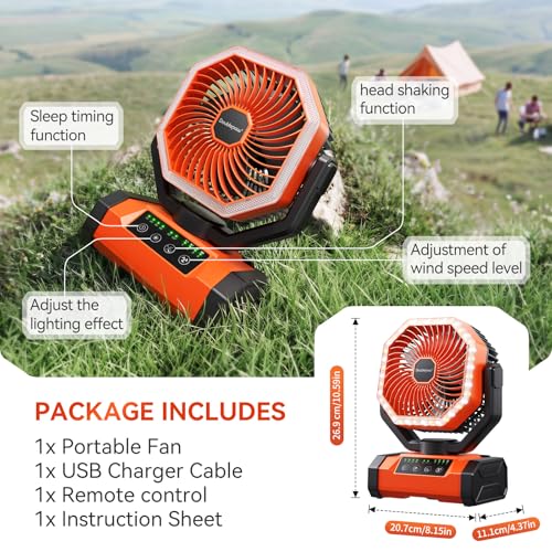 Detalle de Doublepow 20000mAh Camping Fan with LED Light: Portable, Remote-Controlled Oscillating Fan for Outdoor Use