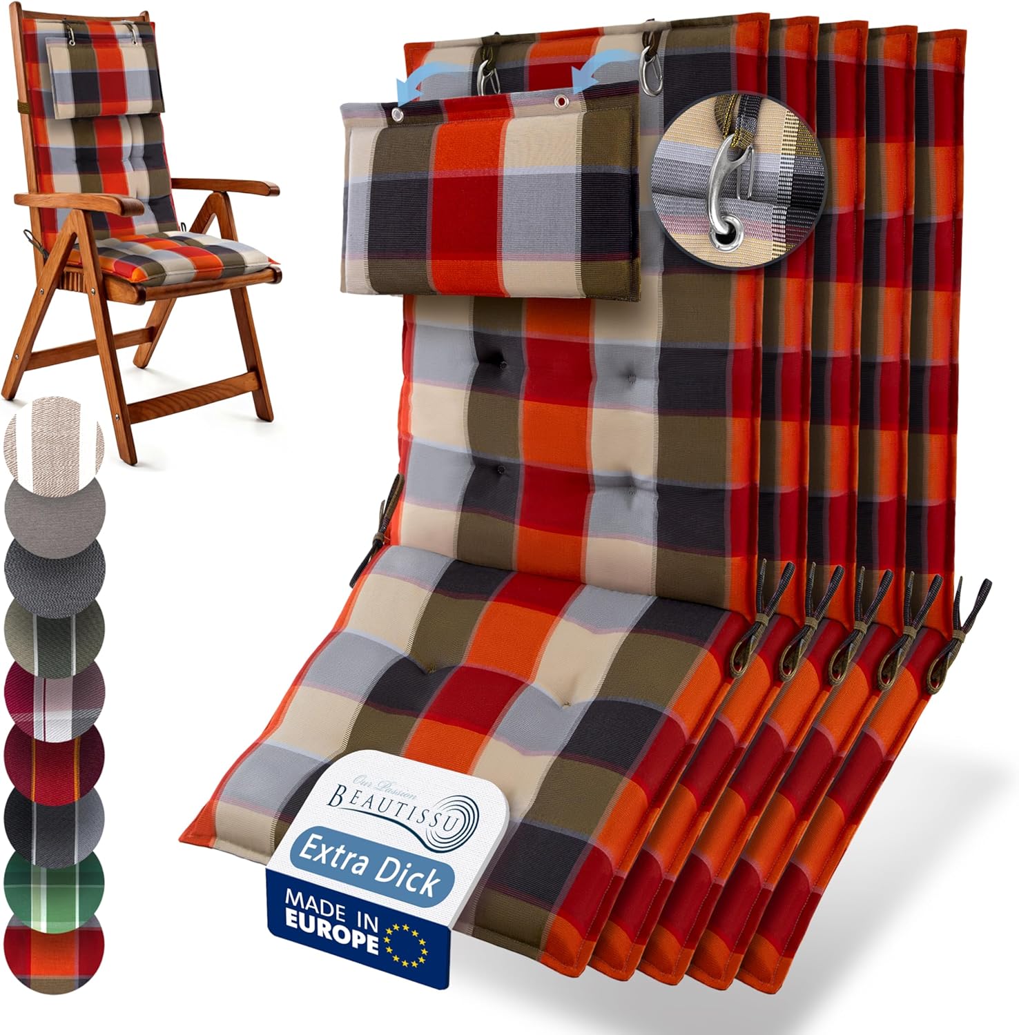 Beautissu 5er Set Premium Hochlehner Auflagen mit Kopfpolstern, 120x50 cm, Orange Beige kariert
