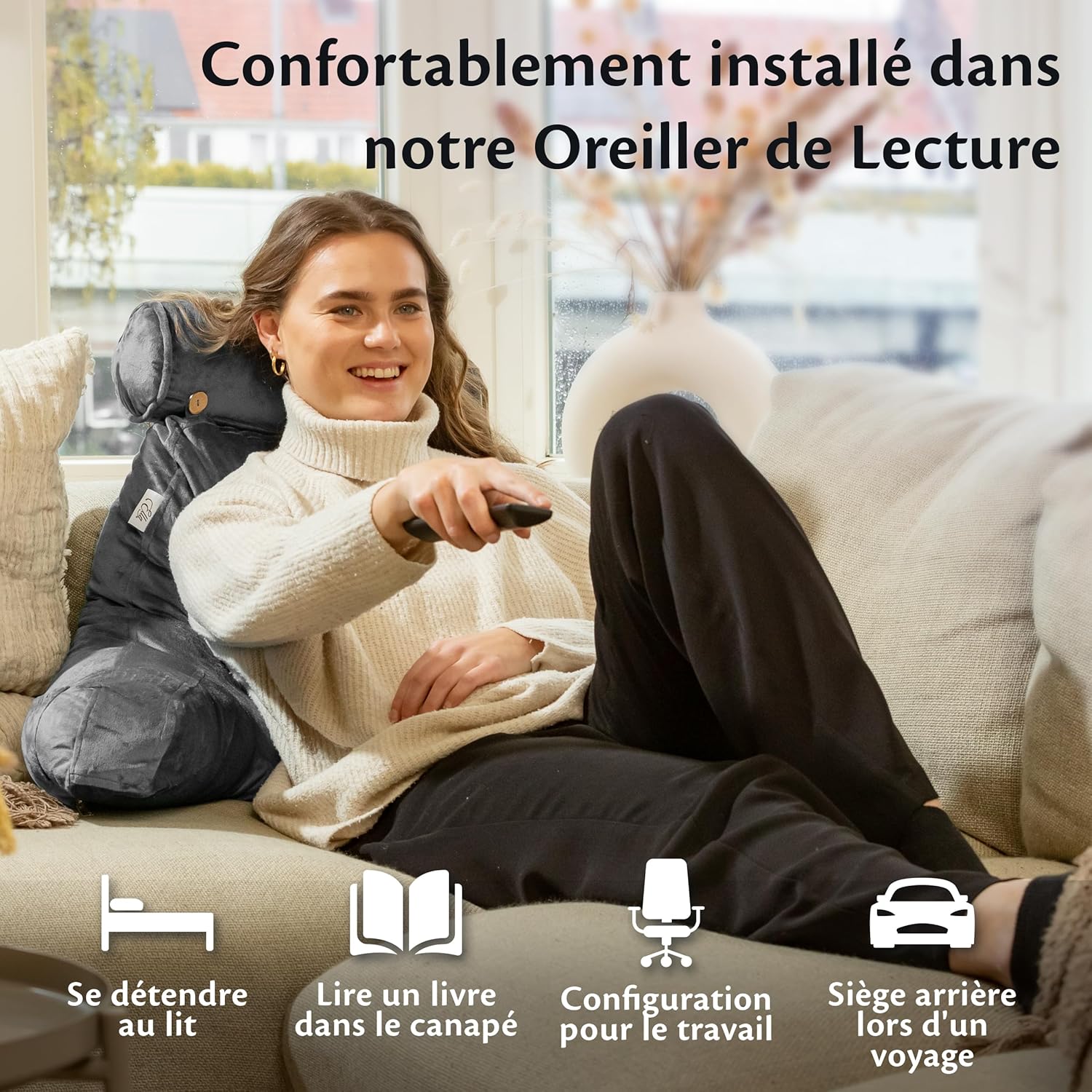 Thumbnail 5 de Ella Coussin de lecture avec rouleau de cou et accoudoirs en velours (bleu) — oreiller pour fauteuil, dos et nuque