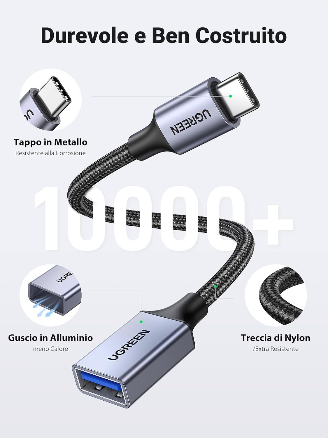 Detalle de UGREEN Cavo OTG Type-C maschio a USB 3.0 femmina 5 Gbps in nylon intrecciato (compatibile con iPhone, iPad, MacBook e Galaxy)