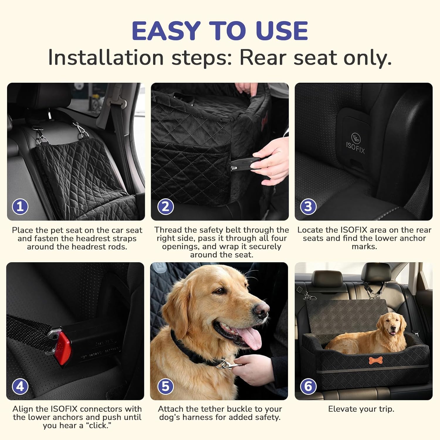 Detalle de Dog Car Seat for Medium to Large Dogs: 4" Elevated Booster Seat with ISOFIX – Jet Black